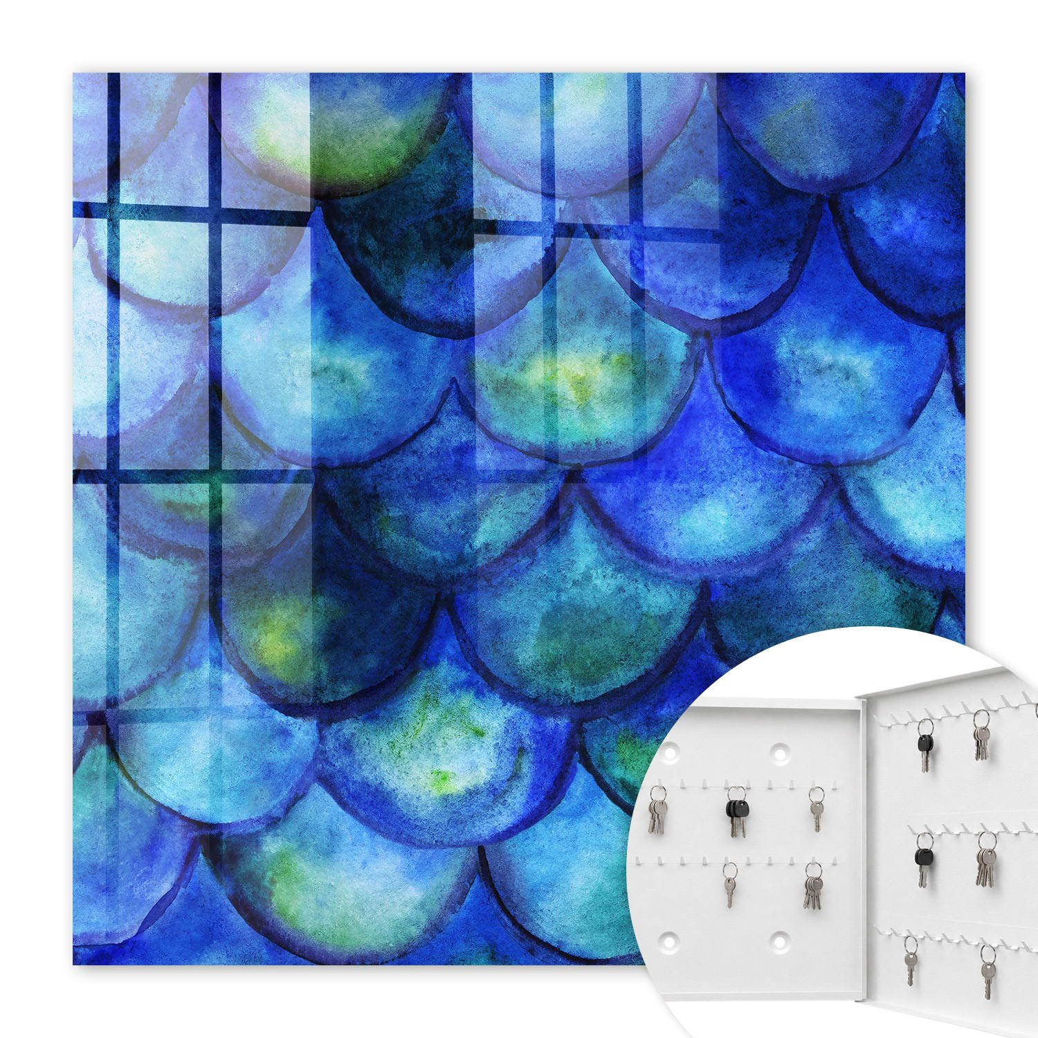 SCHLÜSSELBOX Weiß 30x30 cm – Türöffnung nach rechts - Blaue Schuppen - Blau, Metall (30/30/5cm) - TULUP
