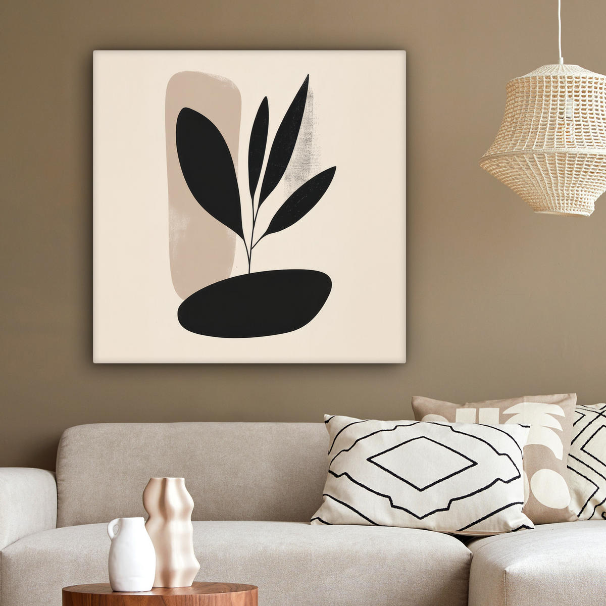 LEINWANDBILD Pflanze - Beige - Japanisch 90x90 cm - Schwarz, Textil (90/90cm) - MuchoWow