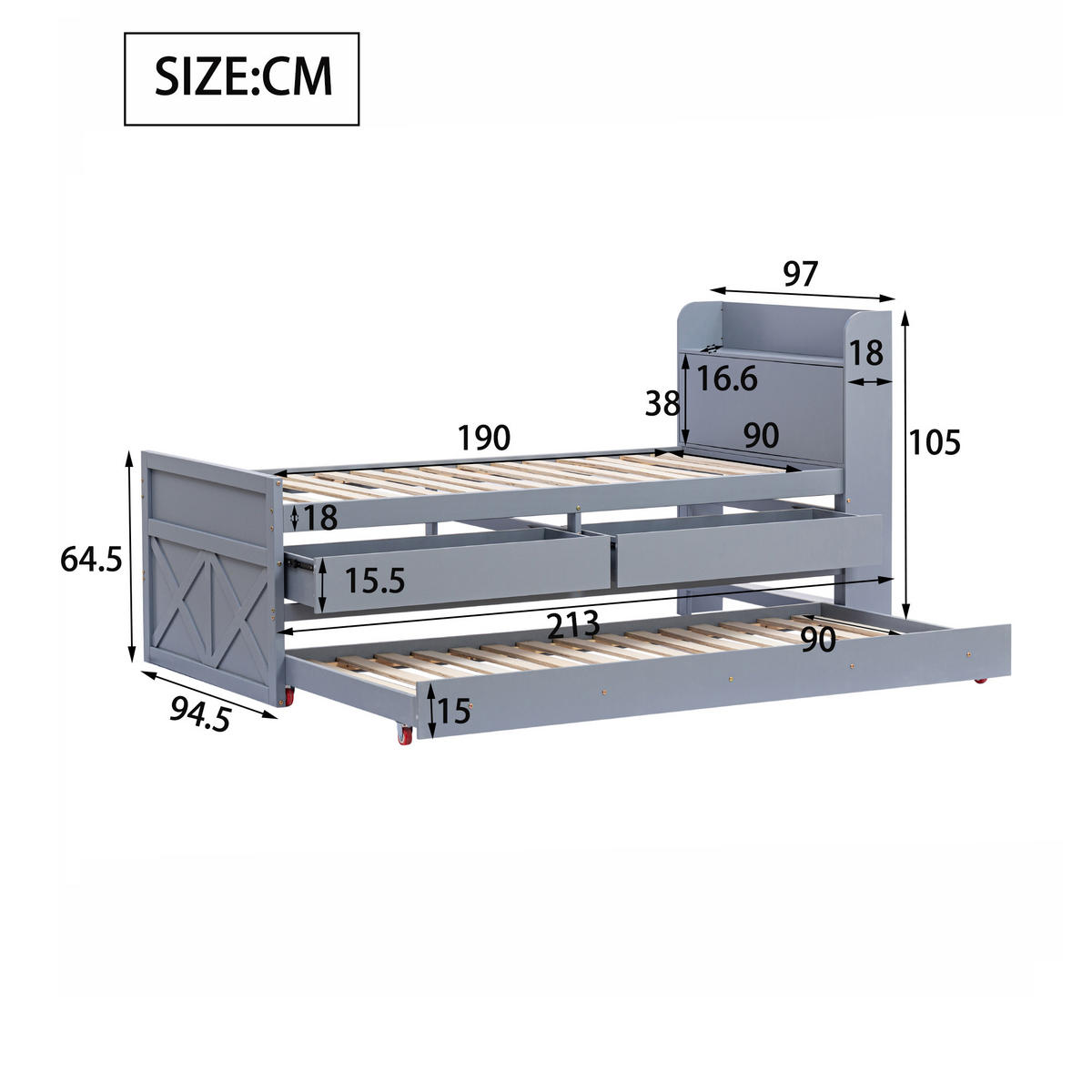 EINZELBETT 90/190 cm grau Multifunktionales Massivholzbett mit USB-Anschluss und ausziehbarem Bett - Grau, Holz (90/200cm) - OKWISH