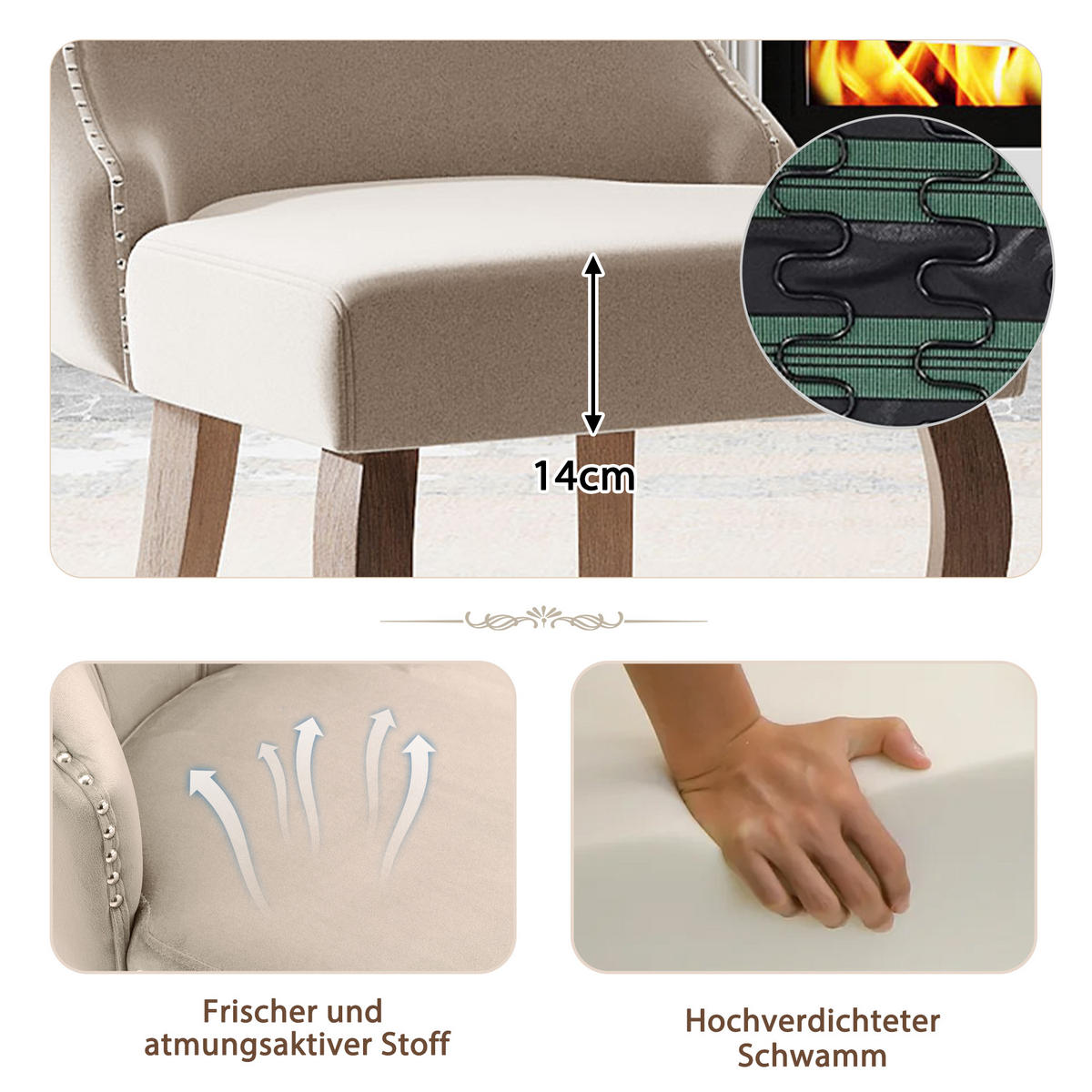 POLSTERSTUHL 4er-Set mit Knopfsteppung, Nagelkopfbesatz und Massivholzbeinen als Ess- und Wohnzimmerstuhl, beige - Beige, Textil (45/91/50cm) - Luhomfu
