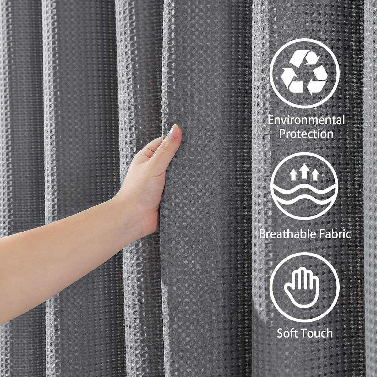 DUSCHVORHANG Grau Waffelstruktur Polyester wasserdicht schimmelresistent mit Ringen für Badewannen - Grau, Textil (1/1cm) - MCBOSON