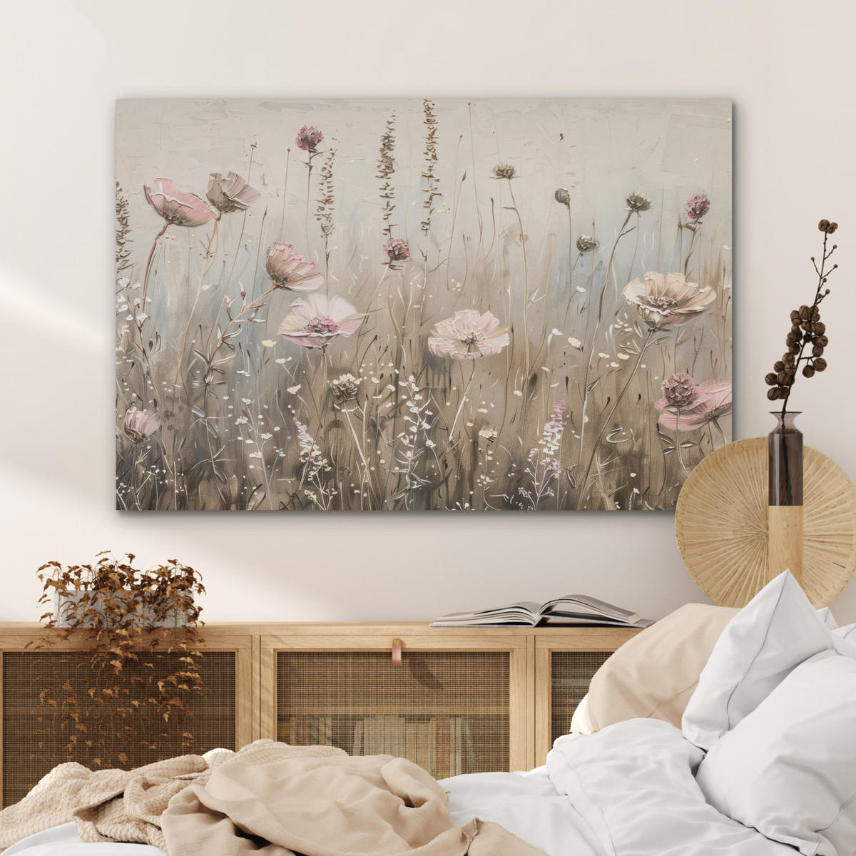 AKUSTIKPANEEL Blumen - Rosa - Modern - Beige 100x70 cm - Beige, Textil (100/0.9/70cm) - MuchoWow