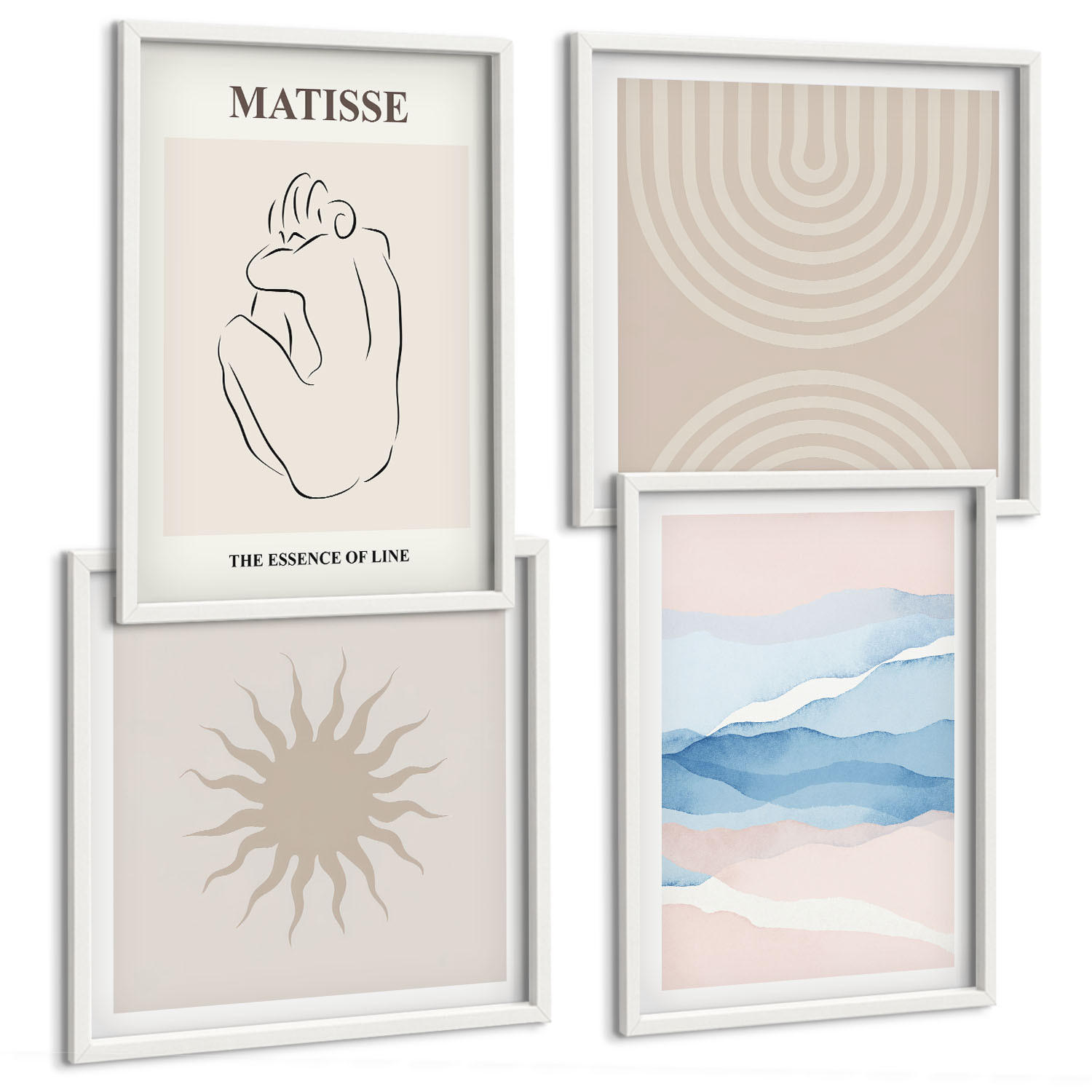 BILDER SET 4er Set - 50x50 cm & 40x60 cm Weißer Rahmen - Linien, Wellen, Pastellfarben, minimalistisch - Weiß, Kunststoff (50/50cm) - TULUP