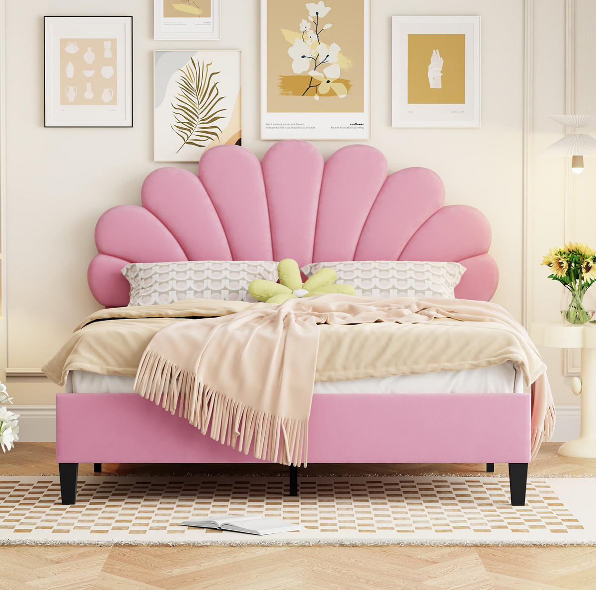 POLSTERBETT 140/200 cm Pink mit Blumen-Kopfteil aus Samt inkl Lattenrost - Rosa, Textil (140/200cm) - OKWISH