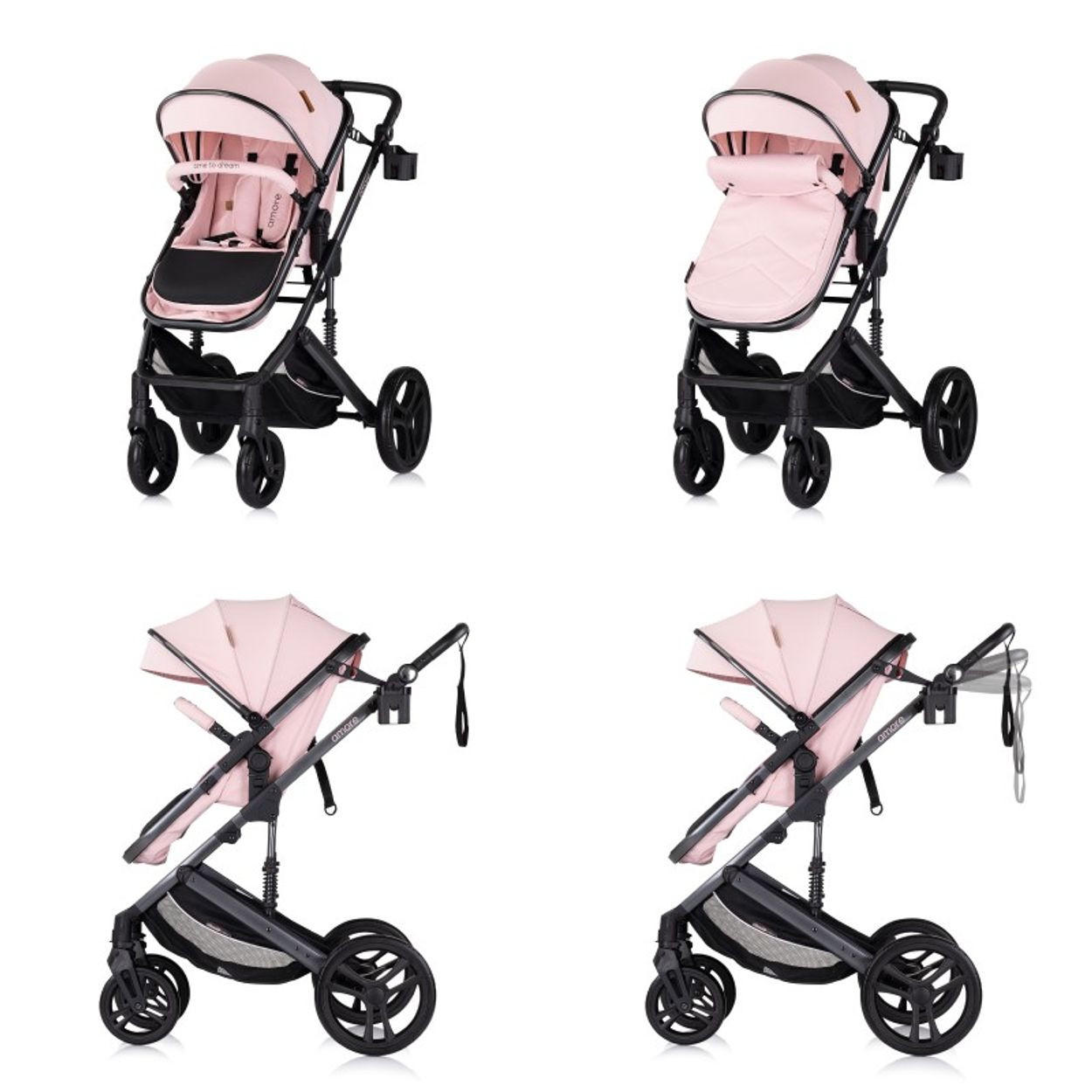 KOMBIKINDERWAGEN Amore 3 in 1 pink Babyschale Adapter Wickeltasche Fußabdeckung - Rosa, Metall (95/63/105cm) - Chipolino