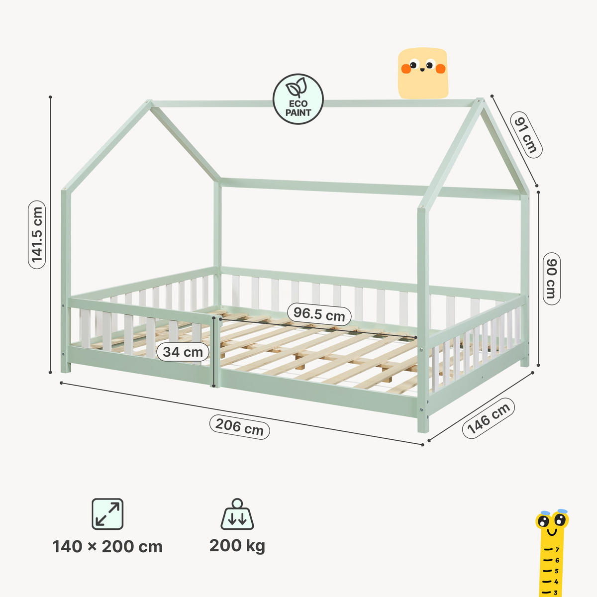 HAUSBETT Hesel - Weiß/Mintgrün, Holz (140/200cm) - [en.casa]