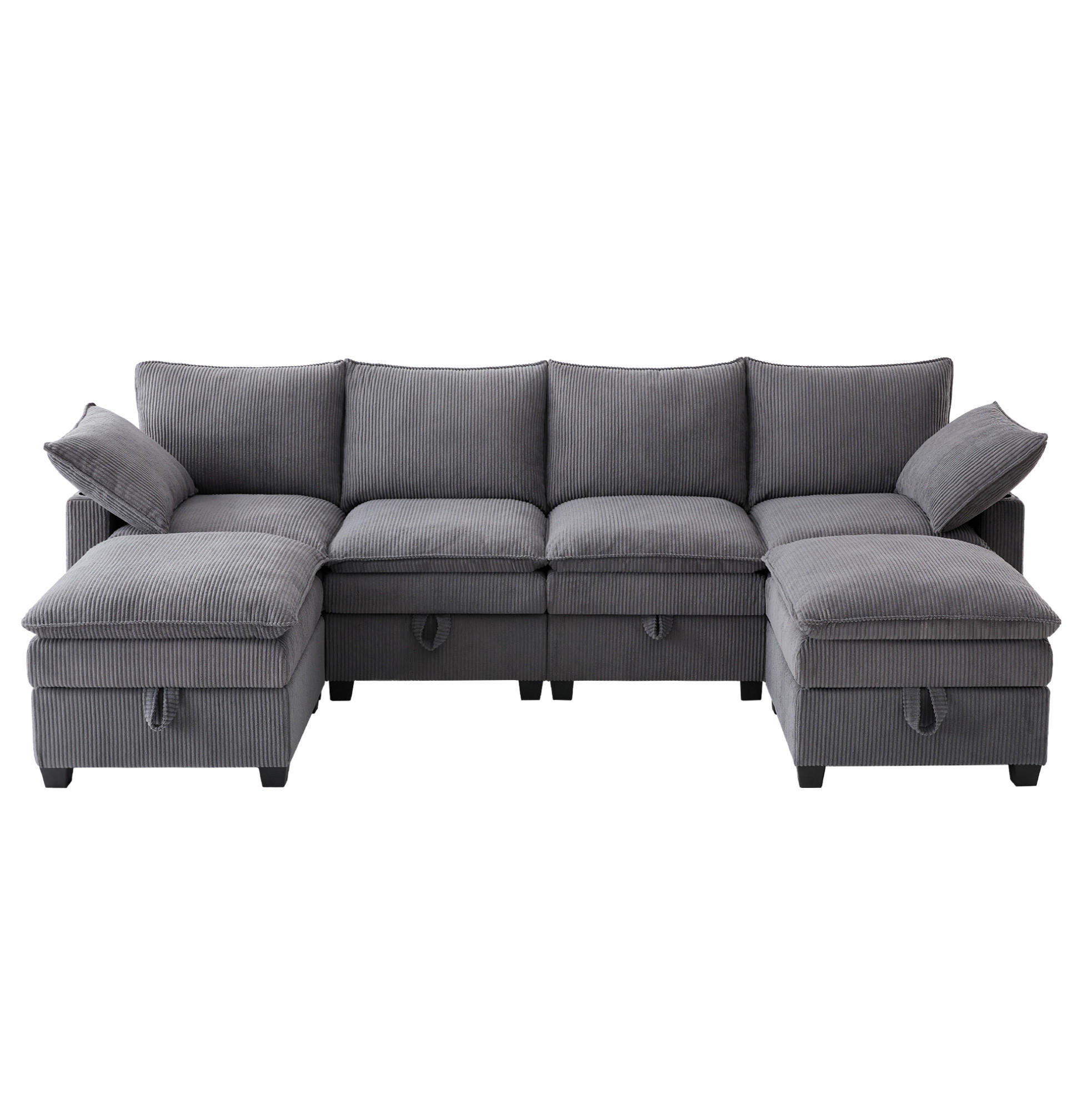 ROHOVÁ sedací souprava 280/151/82 cm šedá z manšestru s USB porty, úložným prostorem a taburety - šedá, textil (280/151cm) - OKWISH