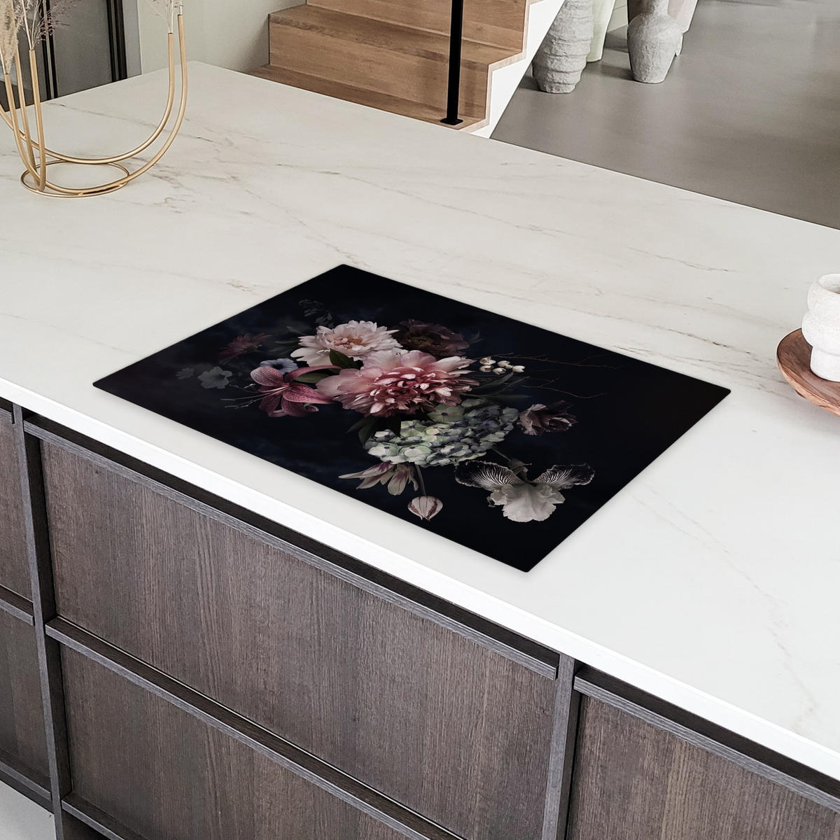 HERDABDECKPLATTE Blumen - Vintage - Pastell - Rosa - Weiß 78x52 cm - Altrosa, Kunststoff (78/52/0.2cm) - MuchoWow