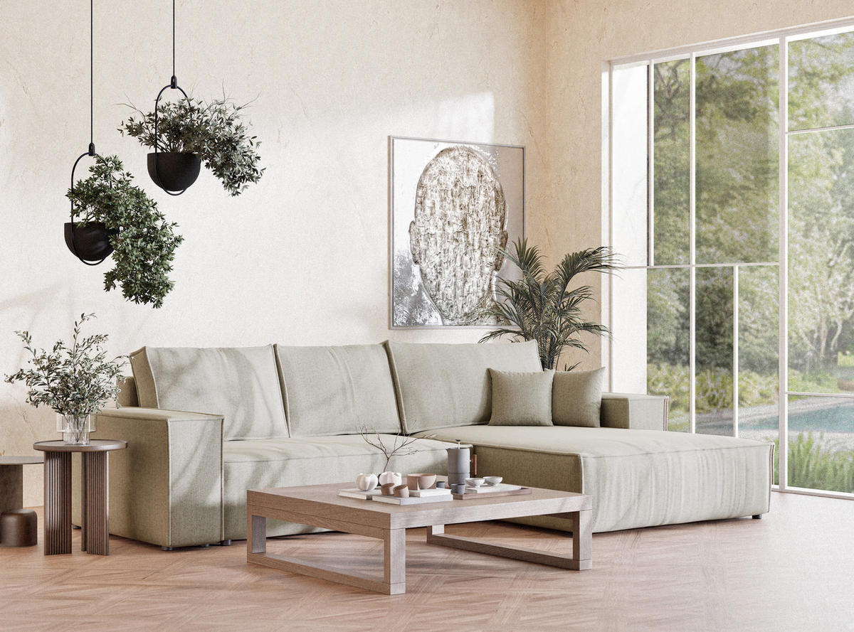 ECKSOFA Maze Beige Webstoff - Rechts Seite - Beige/Schwarz, Holz/Holzwerkstoff (294/185cm) - Maison de Reve