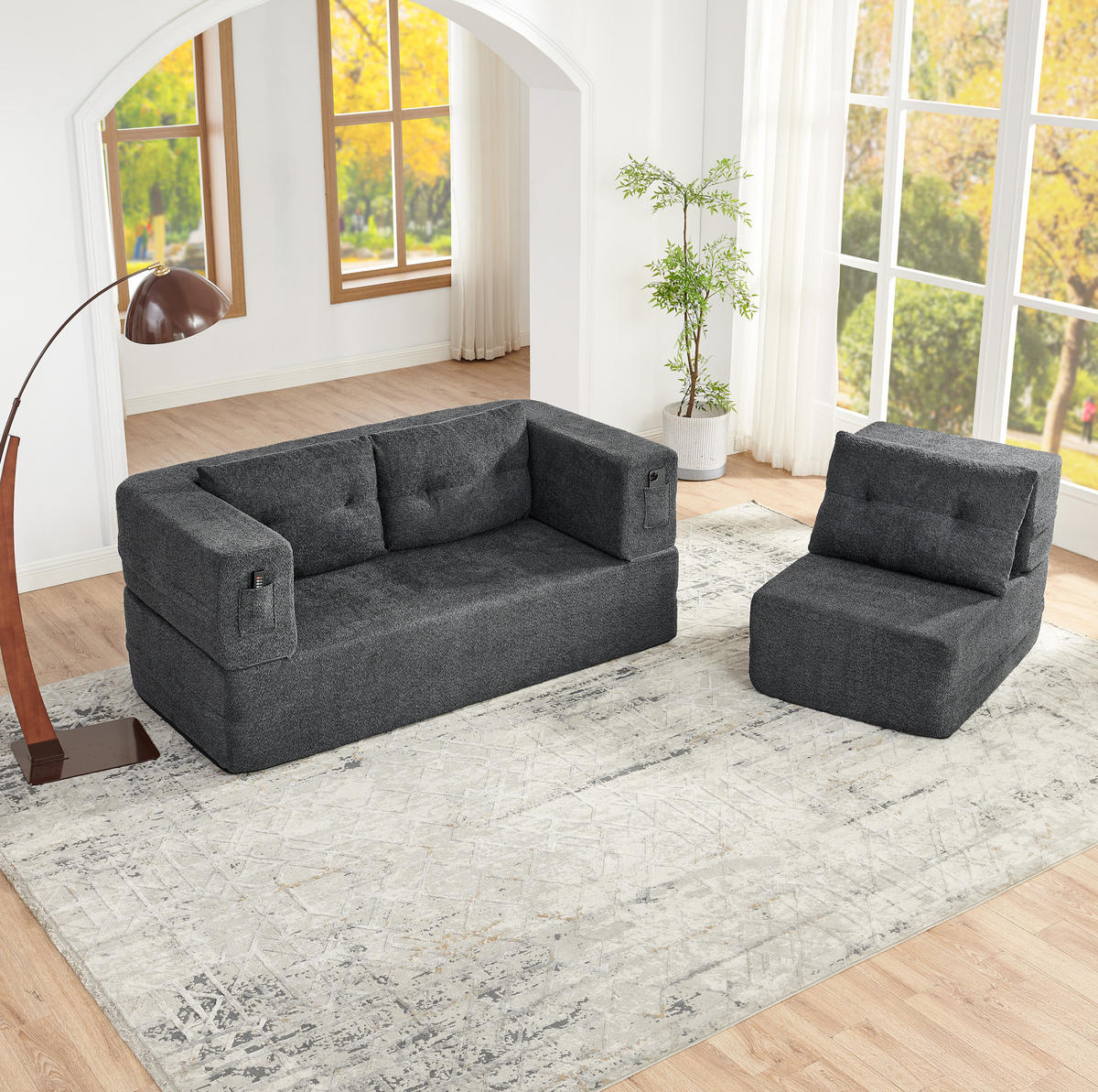 SCHLAFSOFA klappbar mit modularem Sessel, Memory-Schaum und Seitentaschen, Dunkelgrau - Dunkelgrau, Textil (199/39/194cm) - Redom