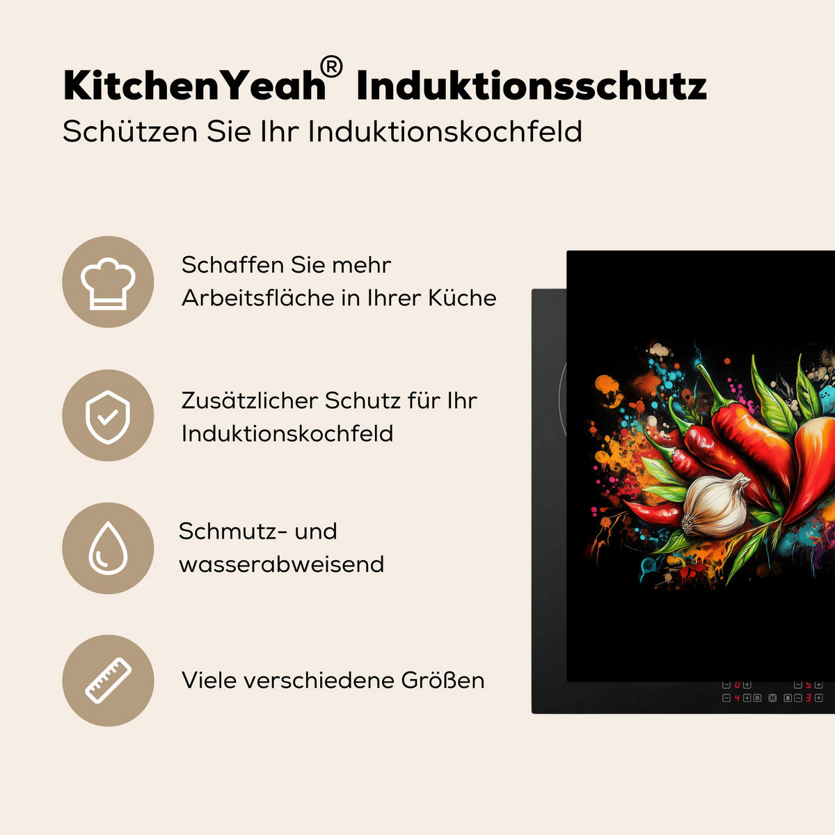 HERDABDECKPLATTE Gemüse - Paprika - Knoblauch - Graffiti - Farbe - Bunt 78x78 cm - Rot, Kunststoff (78/78/0.2cm) - MuchoWow