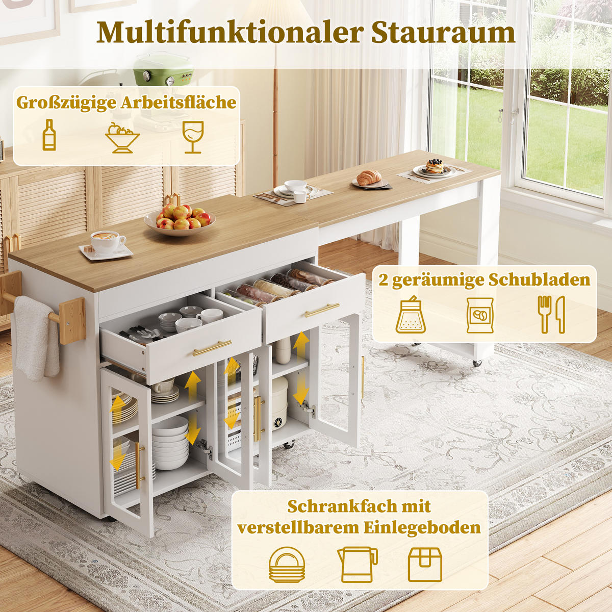 KÜCHENINSEL in Weiß und Naturfarben mit Rollen und ausziehbarer Tischplatte für Esszimmer, B132,5-217/T50/H93 cm - Weiß, Holzwerkstoff/Metall (217/93/50cm) - STILVORA
