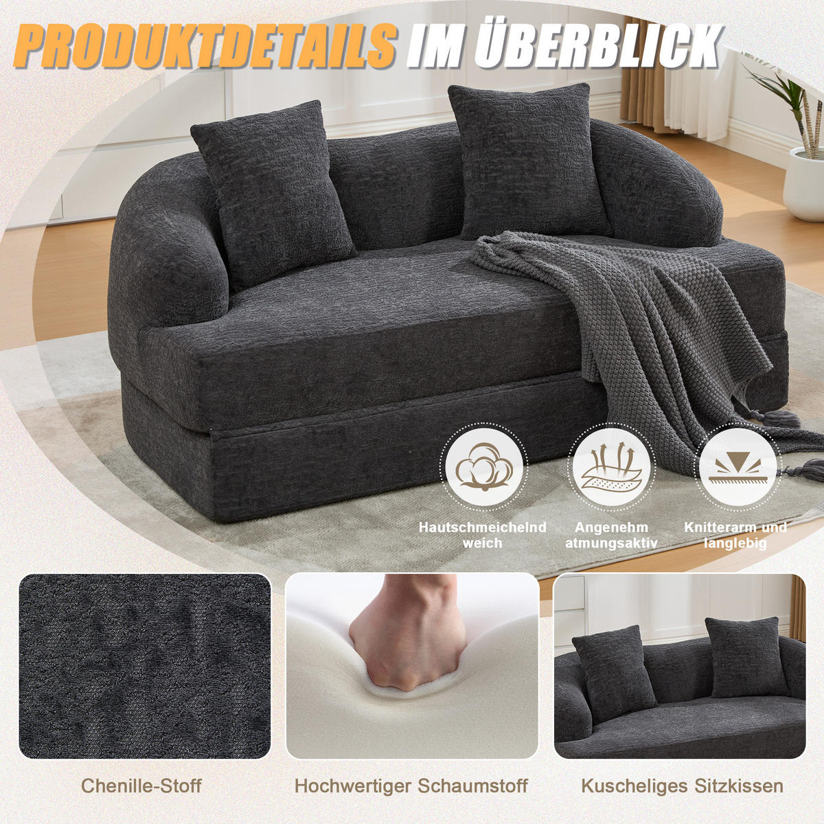 SCHLAFSOFA, 2 Sitzer aus Chenille, Klappsofa Bodensofa mit Schlaffunktion, Dunkelgrau - Dunkelgrau, Textil (157/44/153cm) - LVHOM