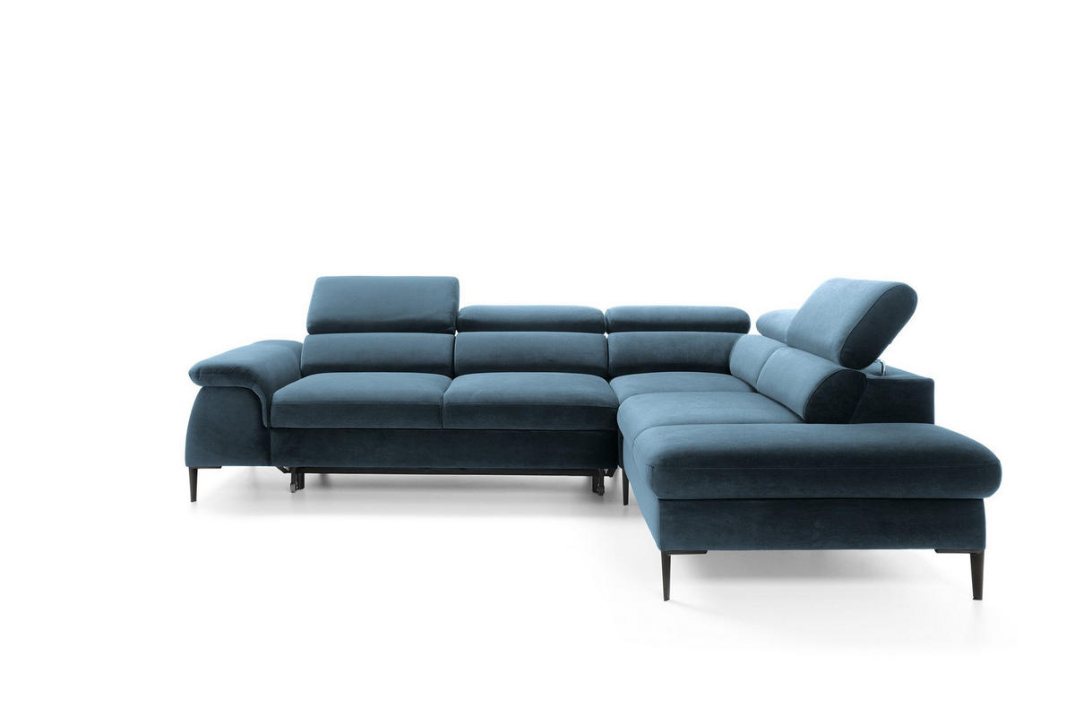 ECKSOFA MESTO Blau Velours-Stoff mit Schlaffunktion - Blau, Holz (280/214cm) - MASSENO