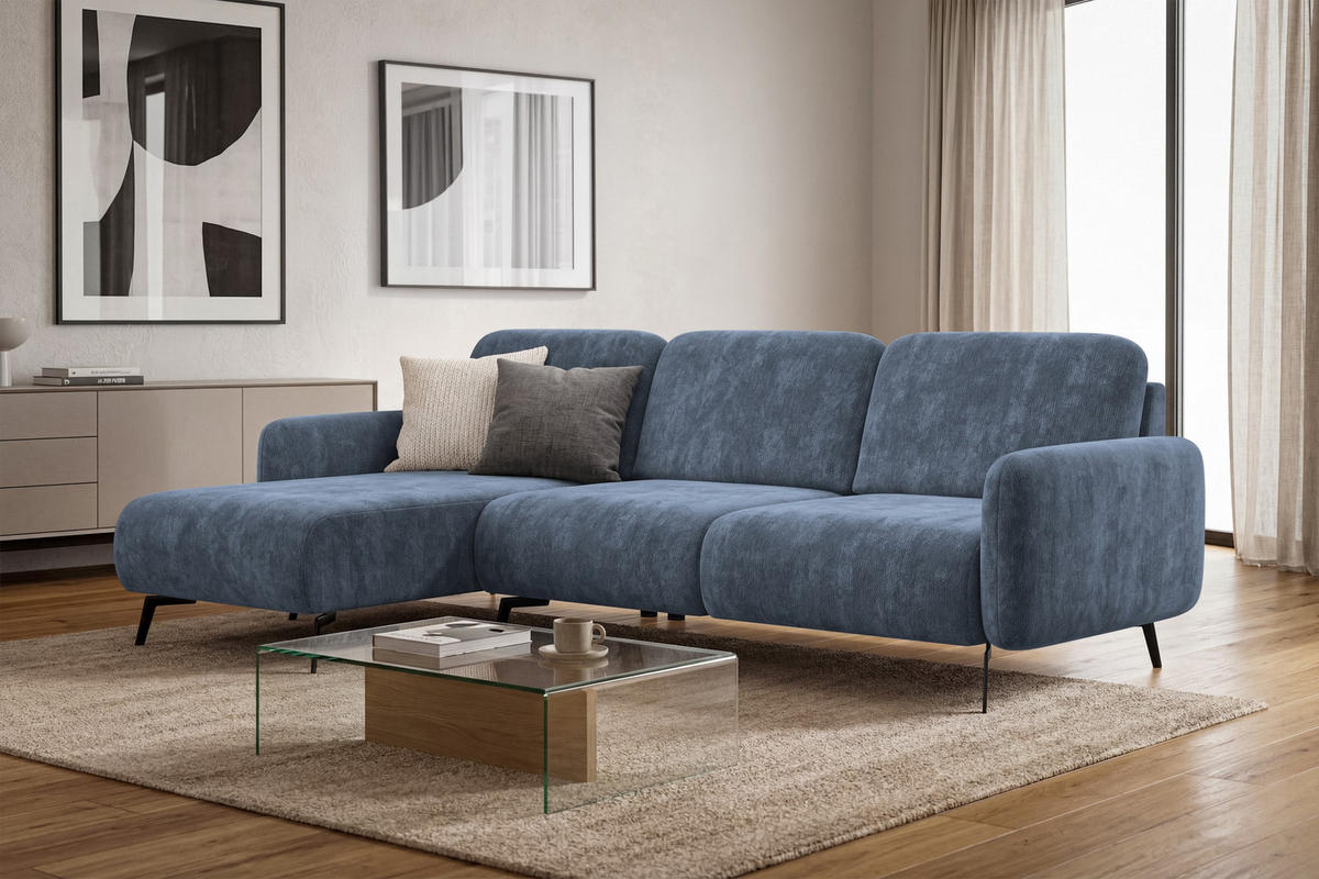 ECKSOFA FEBE 4-Sitzer LINKS, marineblauer Chenille-Stoff - Blau/Schwarz, Holz/Textil (264/157cm) - Wozimo