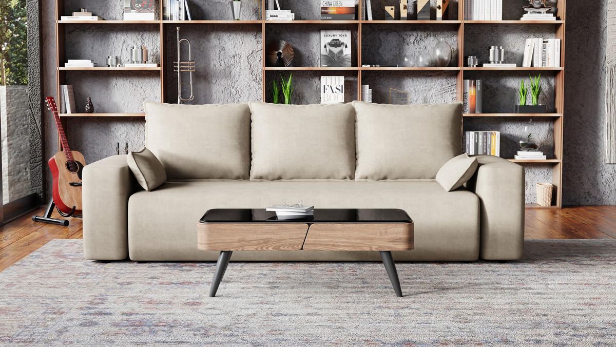 SOFA Bubi mit Bettkasten und Schlaffunktion, Velourstoff - Beige, Holzwerkstoff (242/85/95cm)