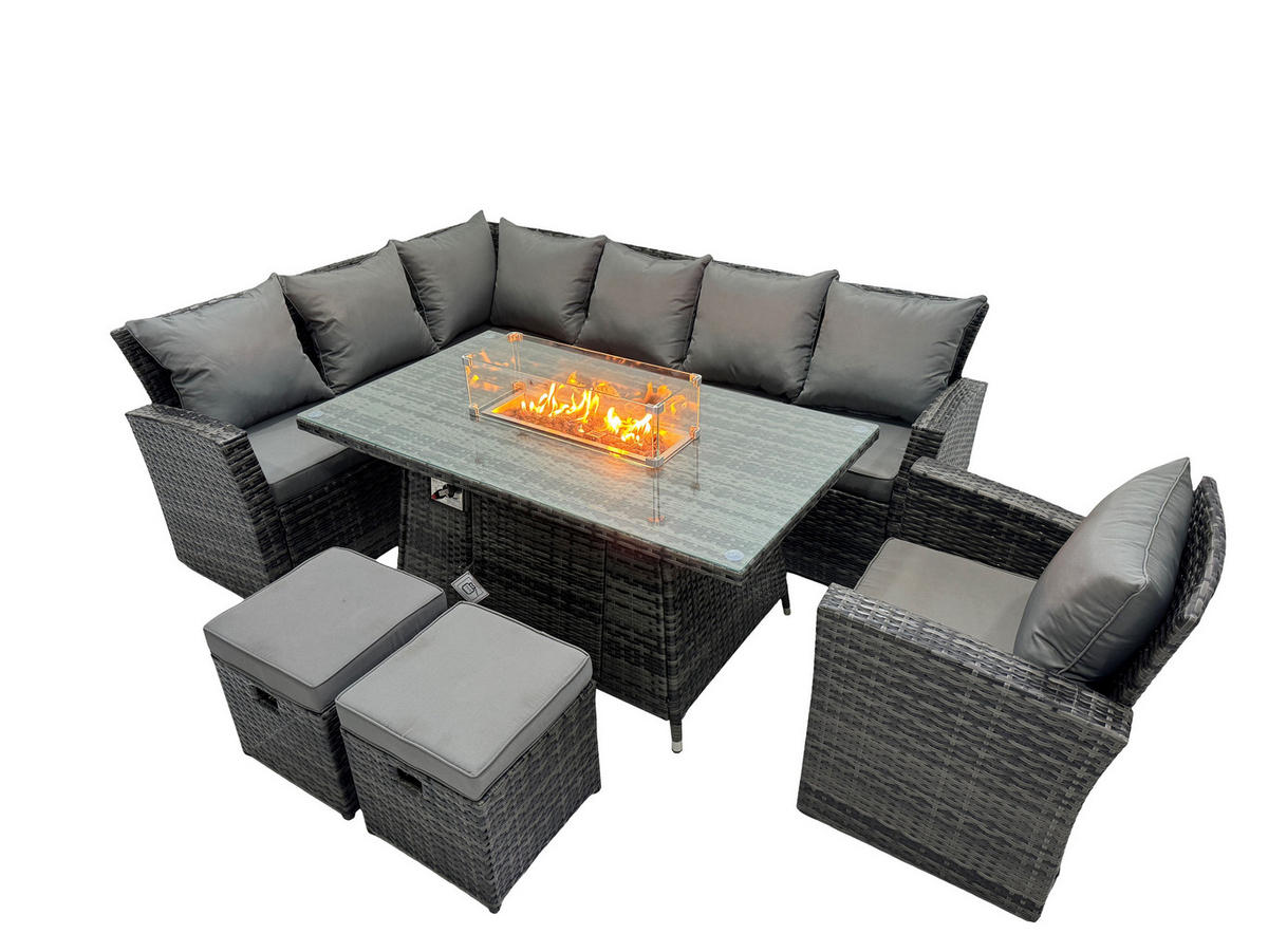GARTENTISCHGRUPPE linke Ecke Polyrattan Dunkelgrau 9-Sitzer - Dunkelgrau/Grau, Glas/Kunststoff - Fimous