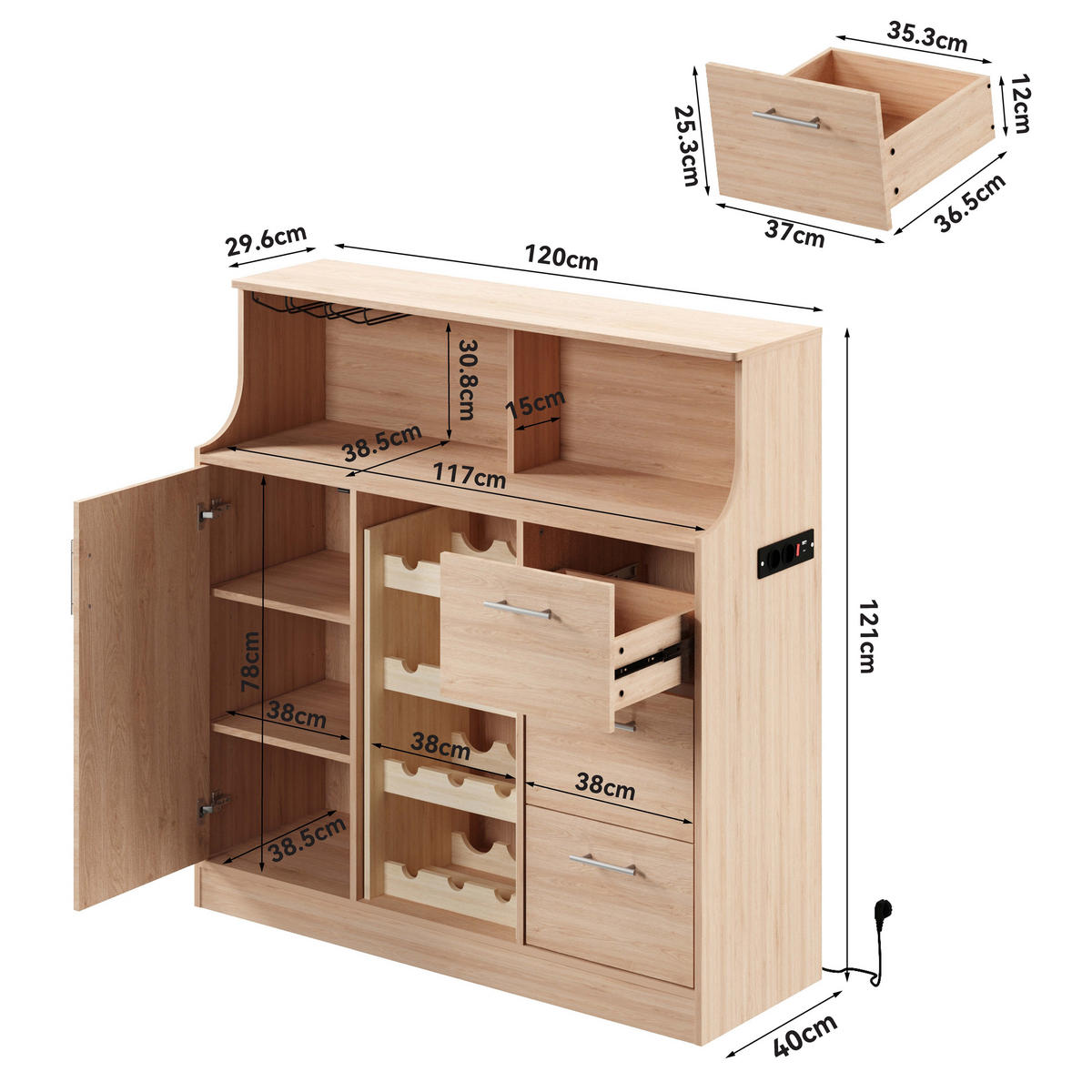 HIGHBOARD 120/40/121 cm mit Weinregal, LED & Steckdose in Natur/Weiß - Weiß, Holzwerkstoff (120/121/40cm) - BEAOK