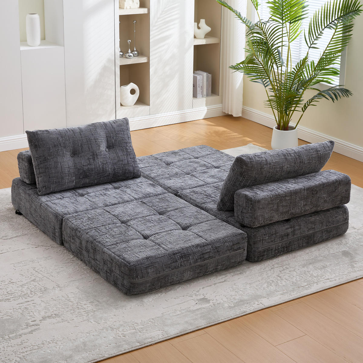 ROZKLÁDACÍ pohovka šedá z žinylky s opěrkou hlavy a bederním polštářem - šedá, textil (79/57/79cm) - OKWISH