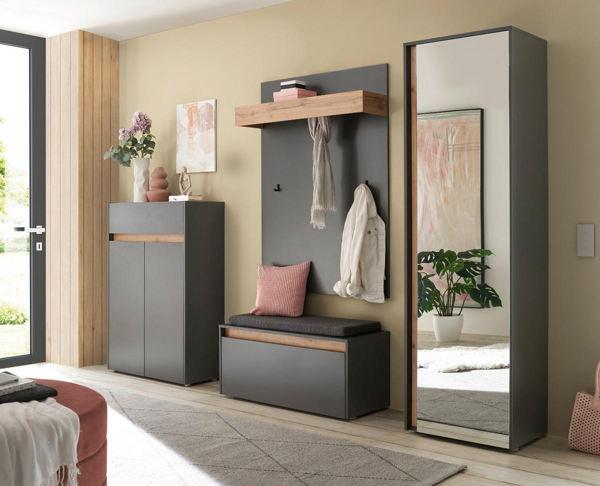 GARDEROBEN-SET 5-teilig grau matt, Eiche Wotan 265 cm, Flurmöbel mit viel Stauraum - Eiche Wotan/Schwarz, Glas/Holzwerkstoff (265/200/40cm) - Furn.Design
