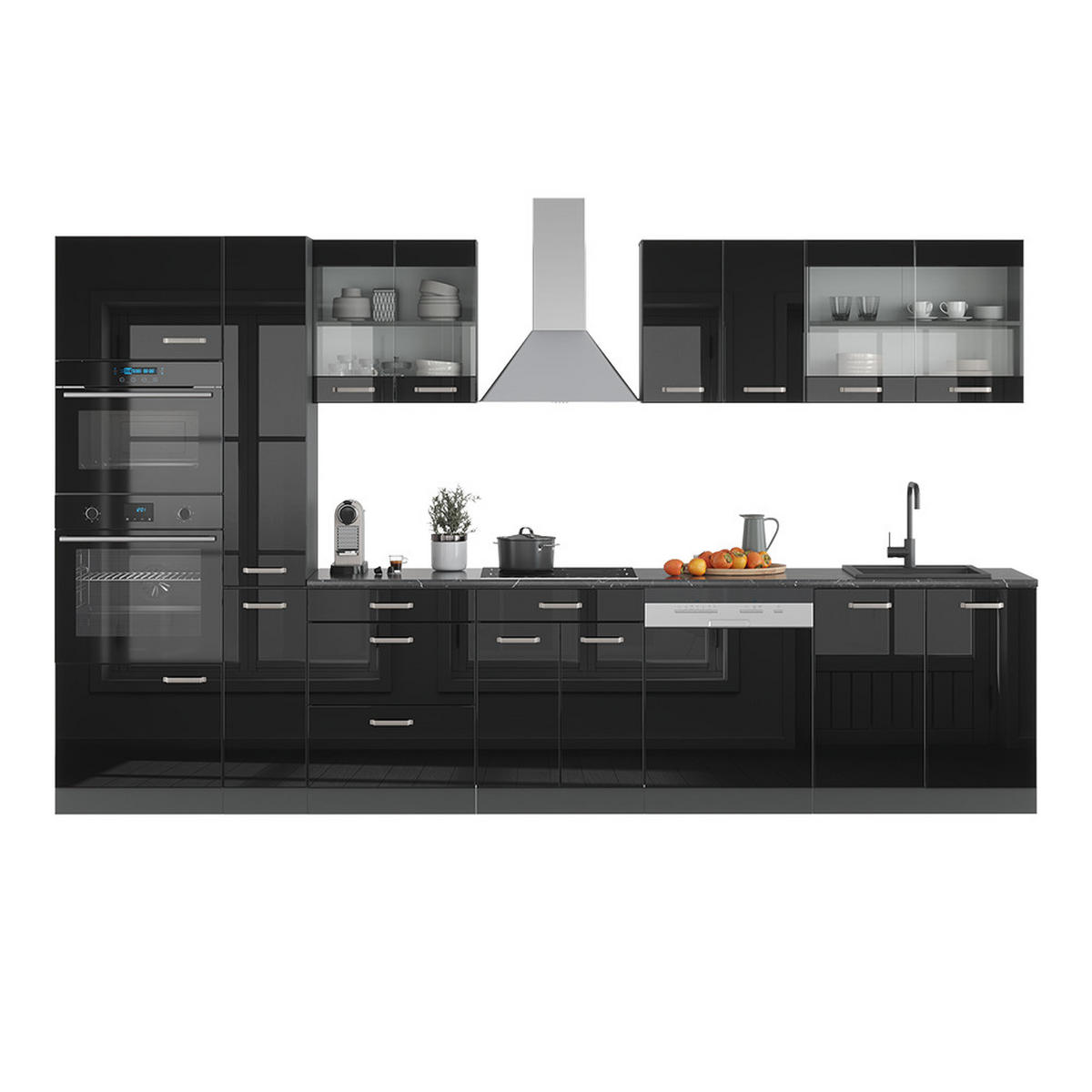 KÜCHENZEILE R-Line Schwarz Hochglanz 350 cm mit Hochschrank, AP Marmor - Schwarz Hochglanz/Anthrazit, Holzwerkstoff (350/81.6/60cm) - Vicco