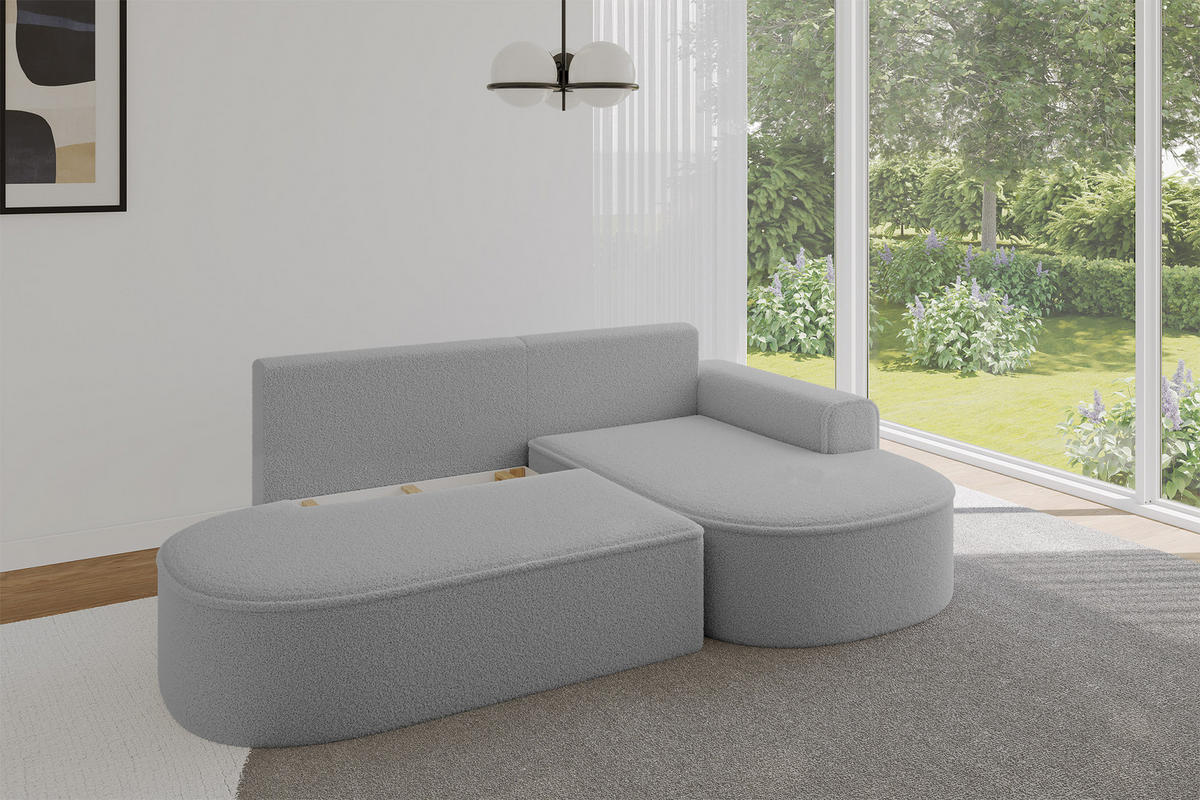 ECKSOFA mit Schlaffunktion und Bettkasten Ottomane Rechts MARI-L1-S - 283x167x73 cm Hellgrau Bouclé - Hellgrau/Schwarz, Holzwerkstoff/Kunststoff (167/283cm) - ALTDECOR