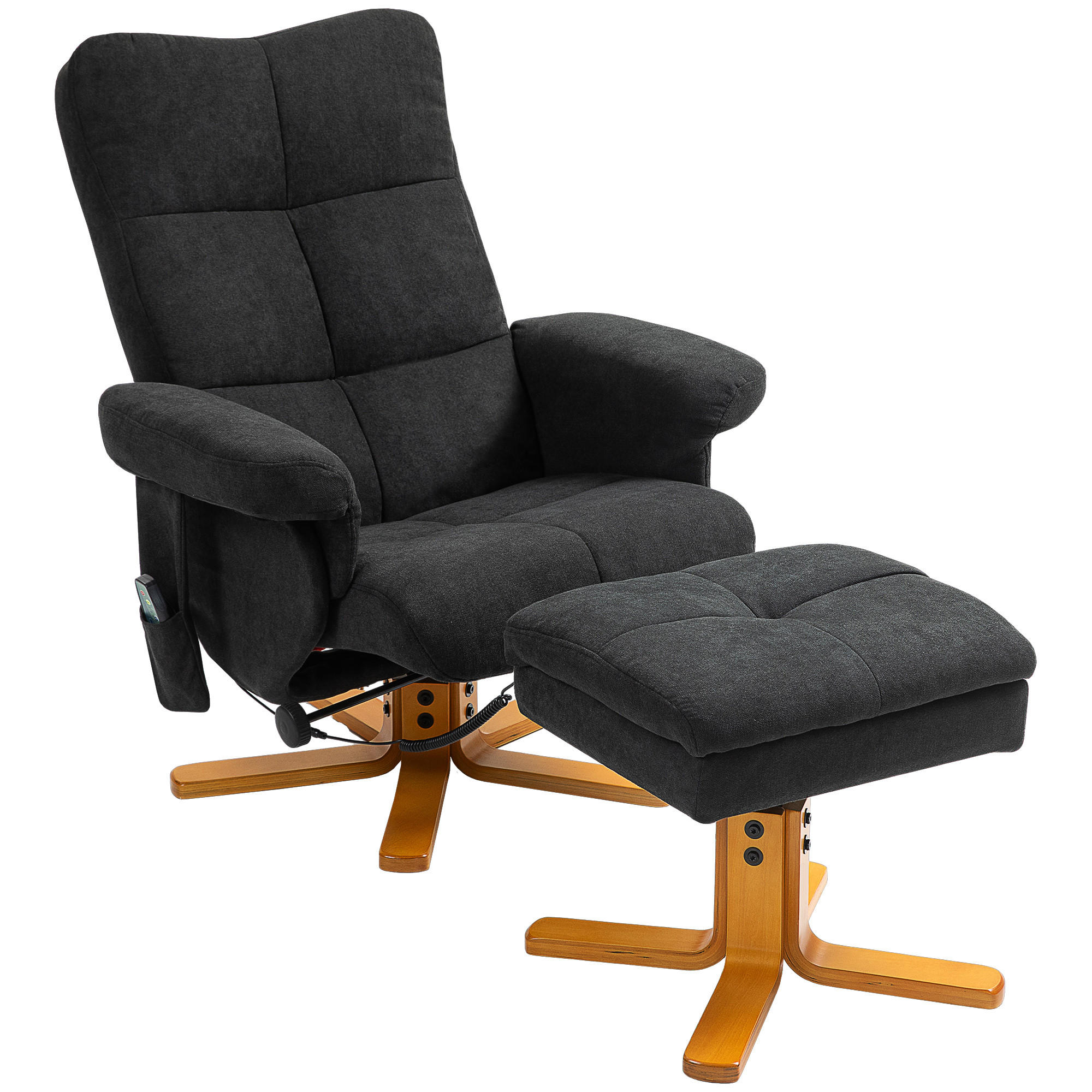 RELAXSESSEL mit Fußhocker, Stauraum, Massagesessel mit Liegefunktion Schwarz - Schwarz, Holz/Textil (86/99/80cm) - HOMCOM