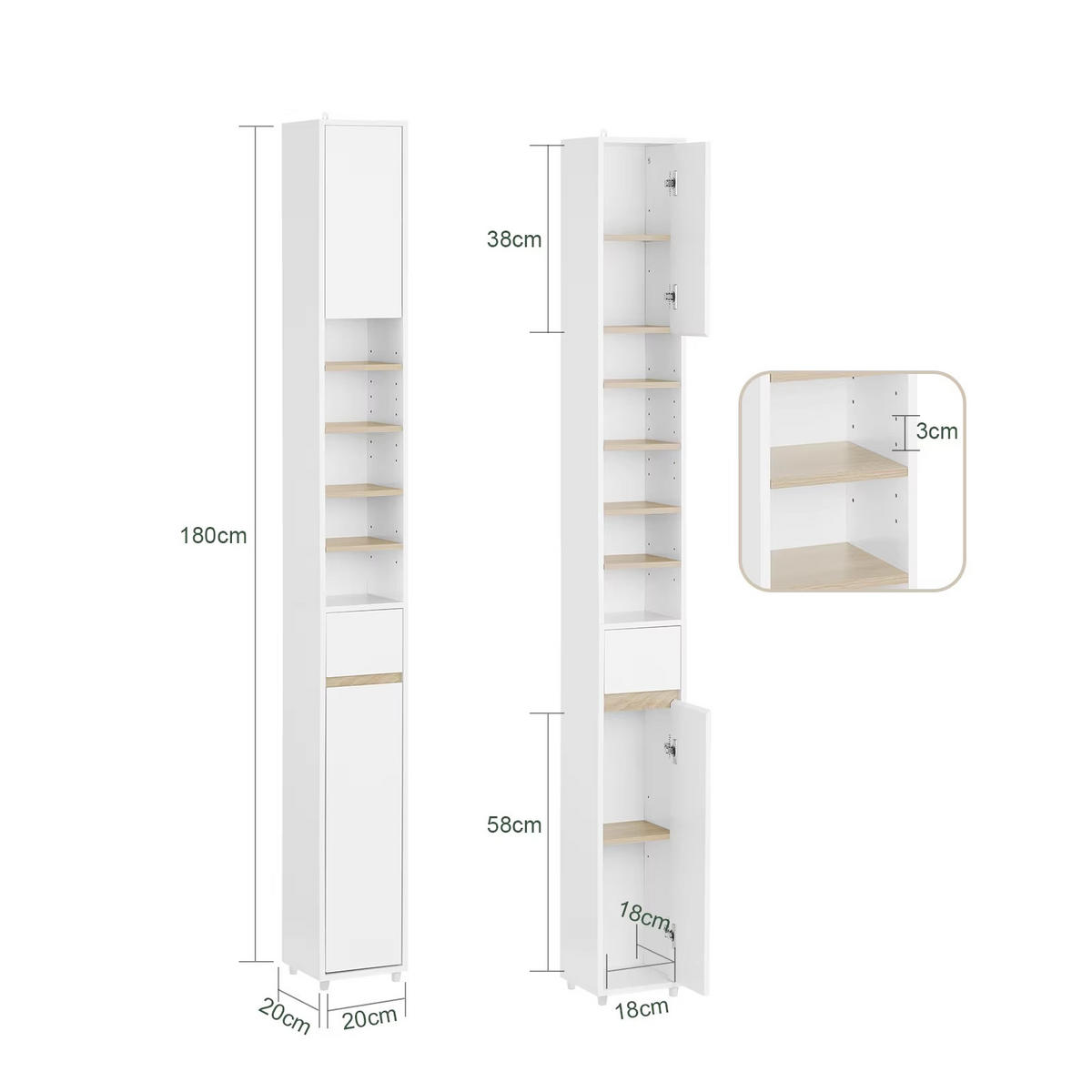 HOCHSCHRANK 20/180/20 cm 5 Fächer Türen Schublade Badezimmer - Weiß, Holz (20/180/20cm) - Coonoor