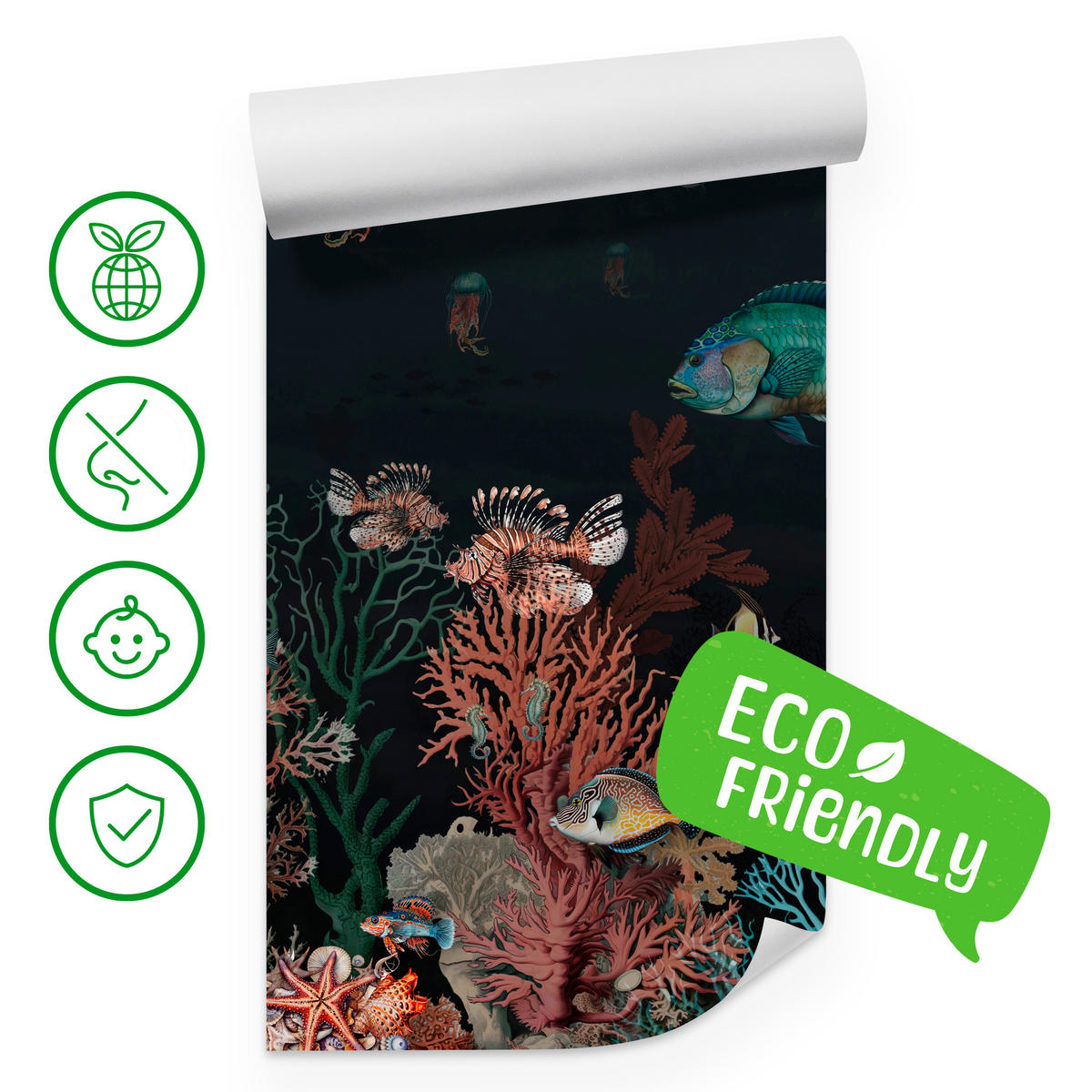 FOTOTAPETE für Badezimmer Bunter Unterwasser Pflanzen Riff Fische 150x105 - Rot/Schwarz, Papier (150/105cm) - Muralo