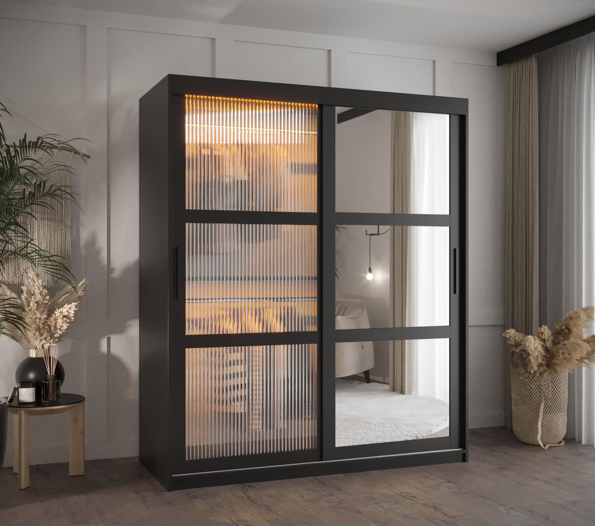 SCHWEBETÜRENSCHRANK 200/150/62 2-türig - Schwarz, Holz/Kunststoff (150/200/62cm) - Abiks Möbel
