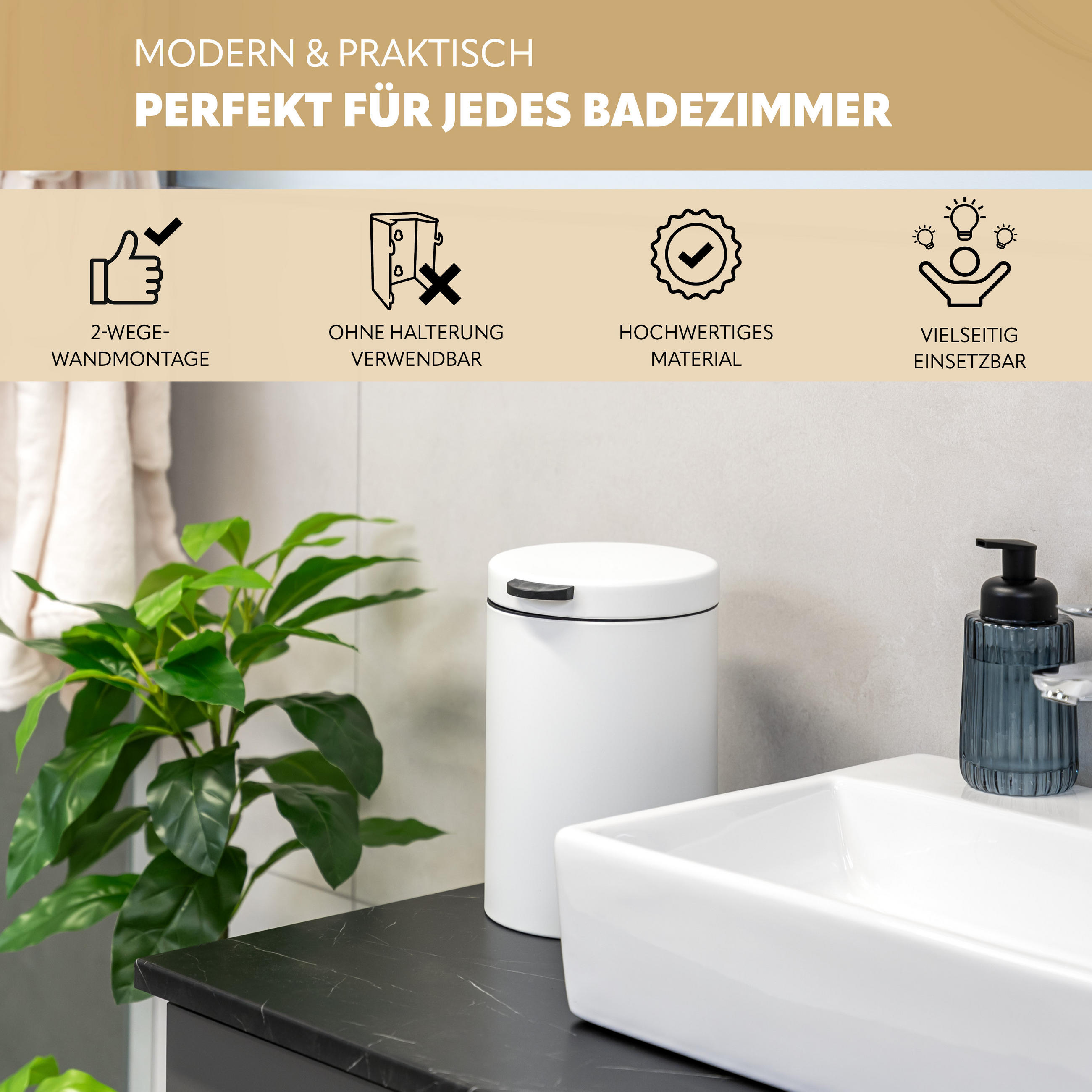 Thumbnail - bremermann Wand-Kosmetikeimer,, Weiß, Metall, 16x24x23 cm, Badaccessoires, Waschplatzzubehör, Kosmetik- & Abfalleimer