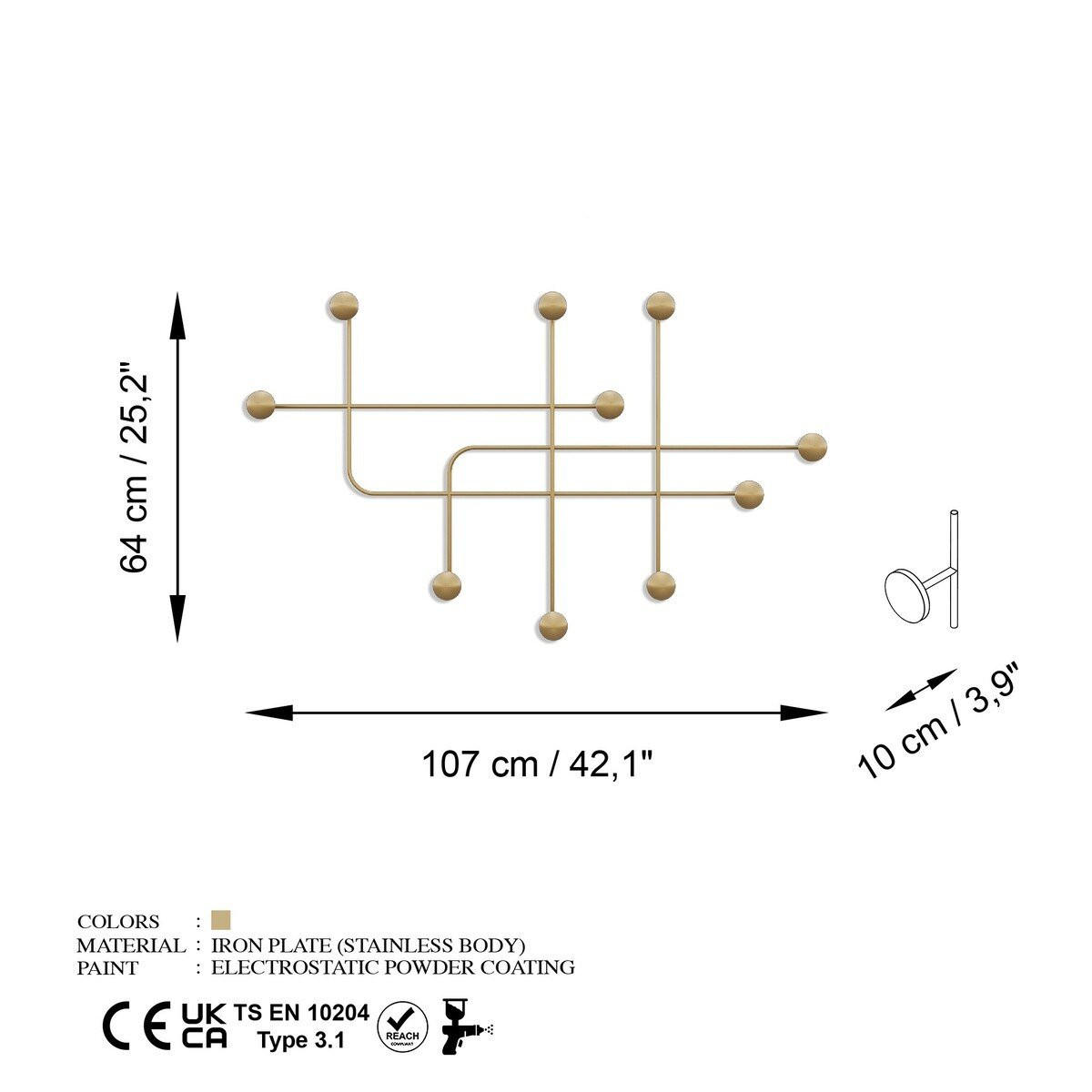 WANDGARDEROBE mit 9 Haken aus goldfarbenem Metall 107/10/64 cm - Goldfarben, Metall (107/64/10cm) - Calicosy