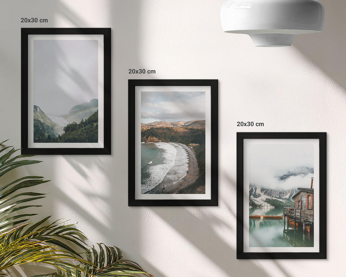 WANDBILDER 3er-Set - 20x30 cm Schwarzer Rahmen - Berge, Strand, Wolken, Wasser - Schwarz, Kunststoff (20/30cm) - ArtPrintCave