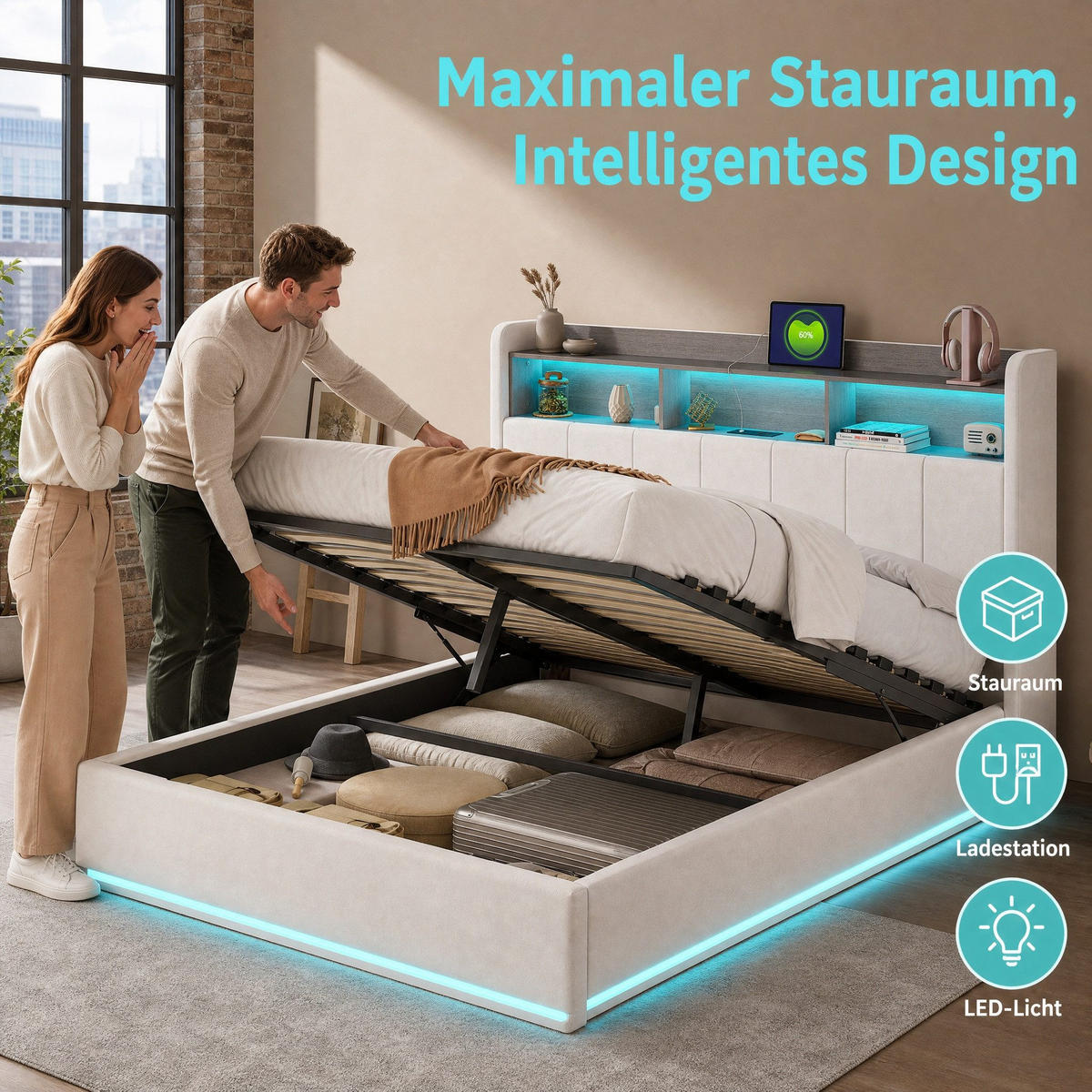 POLSTERBETT 140/190 cm Weiß mit Stauraumkopfteil und USB-Anschlüssen - Weiß, Holz (140/190cm) - SHOPENTRA
