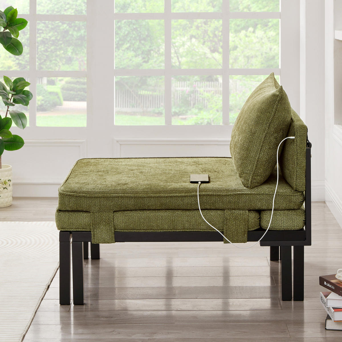 SCHLAFSESSEL ausziehbar mit USB Type-C Samt Grün - Grün, Holz (82/79/176cm) - Meubliv