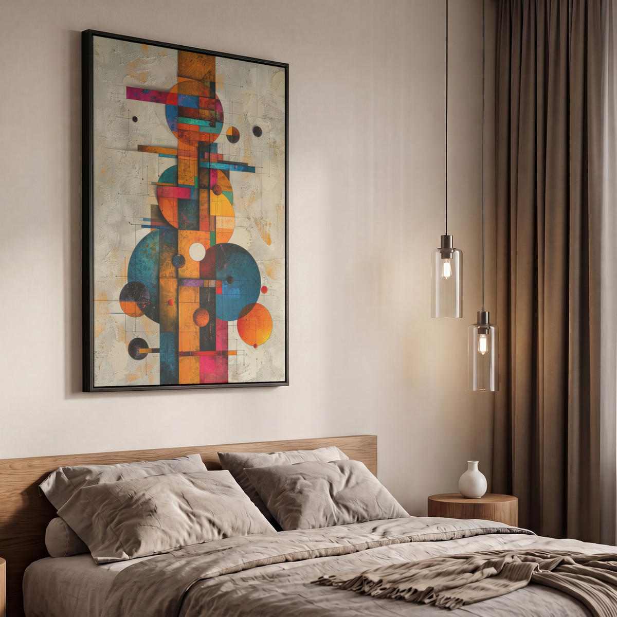 LEINWAND Bilder mit Rahmen - Vintage - Moderne Kunst - Orange - Geometrische Formen - 60x90 - Multicolor, Textil (60/90cm) - MuchoWow