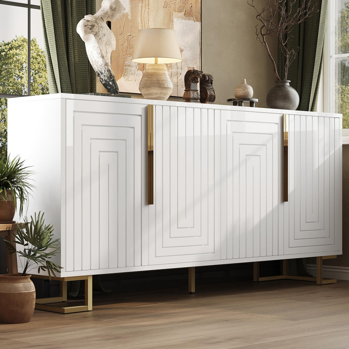 KOMODA z MDF 152x40x75 cm bílá se 2 dvířky, 4 přihrádkami a geometrickým čelem - bílá, kompozitní dřevo (152/75/40cm) - Modfu
