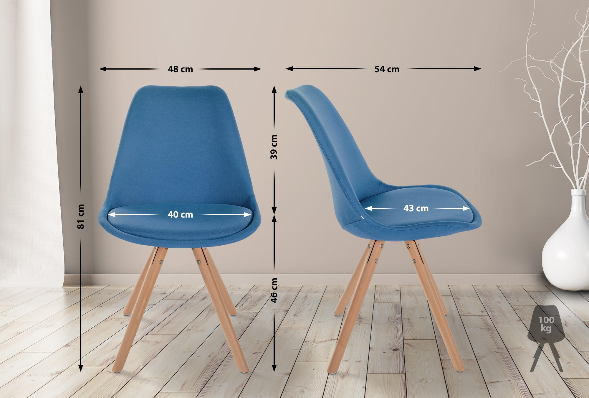STUHL Stoff blau - Blau/Eukalyptusholzfarben, Holz/Textil (48/81/54cm) - CLP