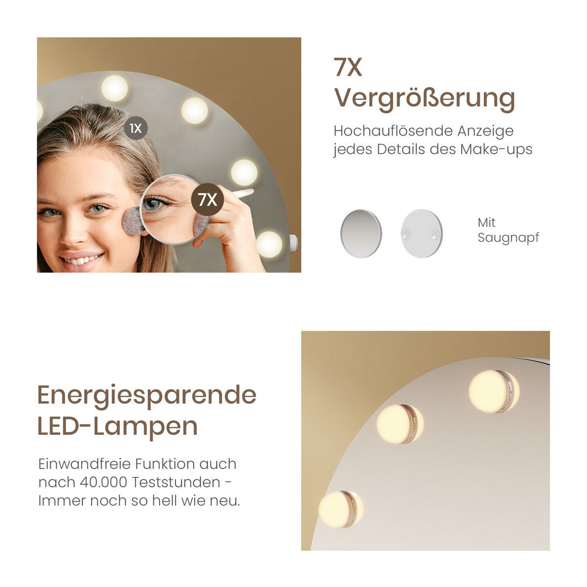 SCHMINKSPIEGEL Runder mit Beleuchtung, Weiß, ф50 cm - Weiß, Glas (50/6/50cm) - EMKE