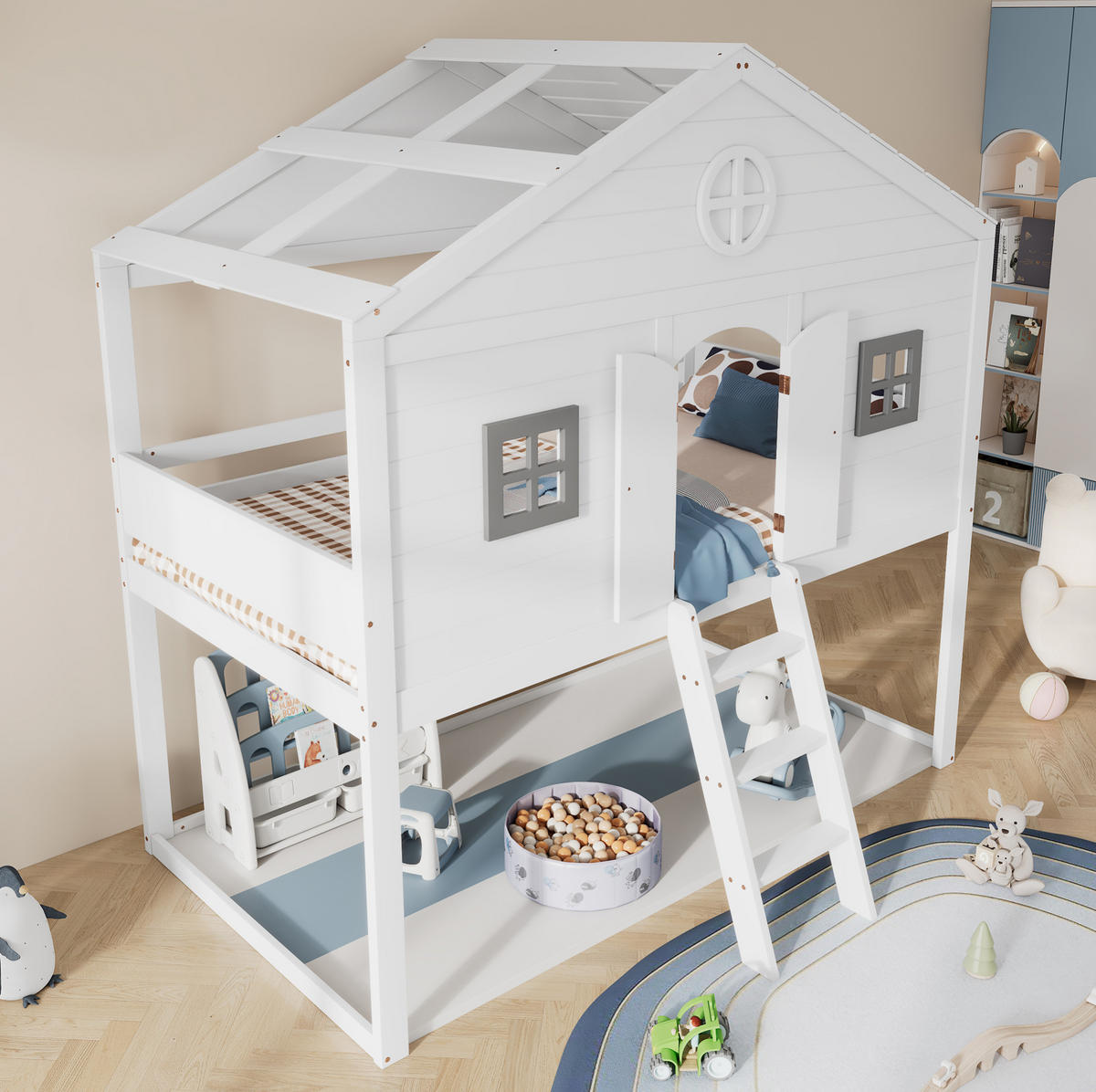 HOCHBETT 90/200 cm Weiß/Grau mit Treppe, Fenstern und Fallschutz - Weiß, Holz (90/200cm) - Flora Grace