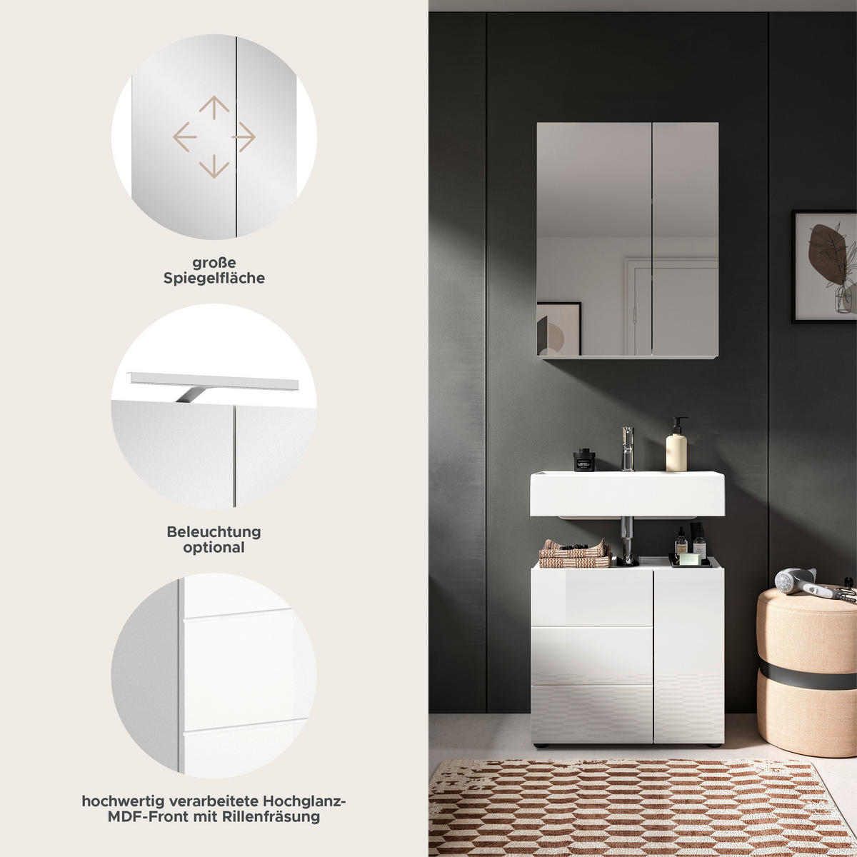 BADMÖBEL Set Vira 2tlg. Bad Kombination in Weiß (B/H/T: 60x190x34 cm) - Weiß, Holz (60/190/34cm)