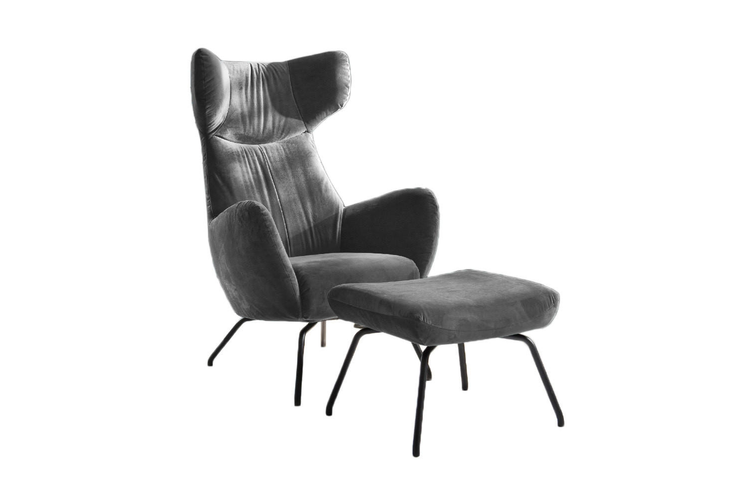 SESSEL MIT HOCKER LOTTE Grau Velvet - Schwarz/Grau, Textil (79/117/82cm) - KAWOLA