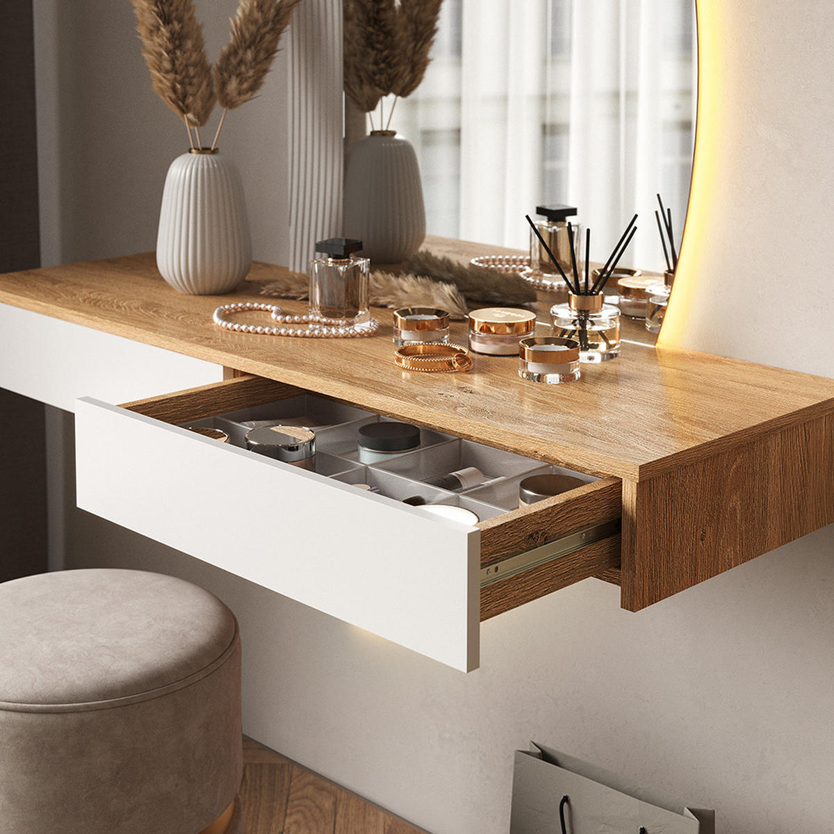 SCHMINKTISCH Melisa Weiß 120 cm mit LED Beleuchtung - Eichefarben/Weiß, Holzwerkstoff (120/161.1/40cm) - Vicco