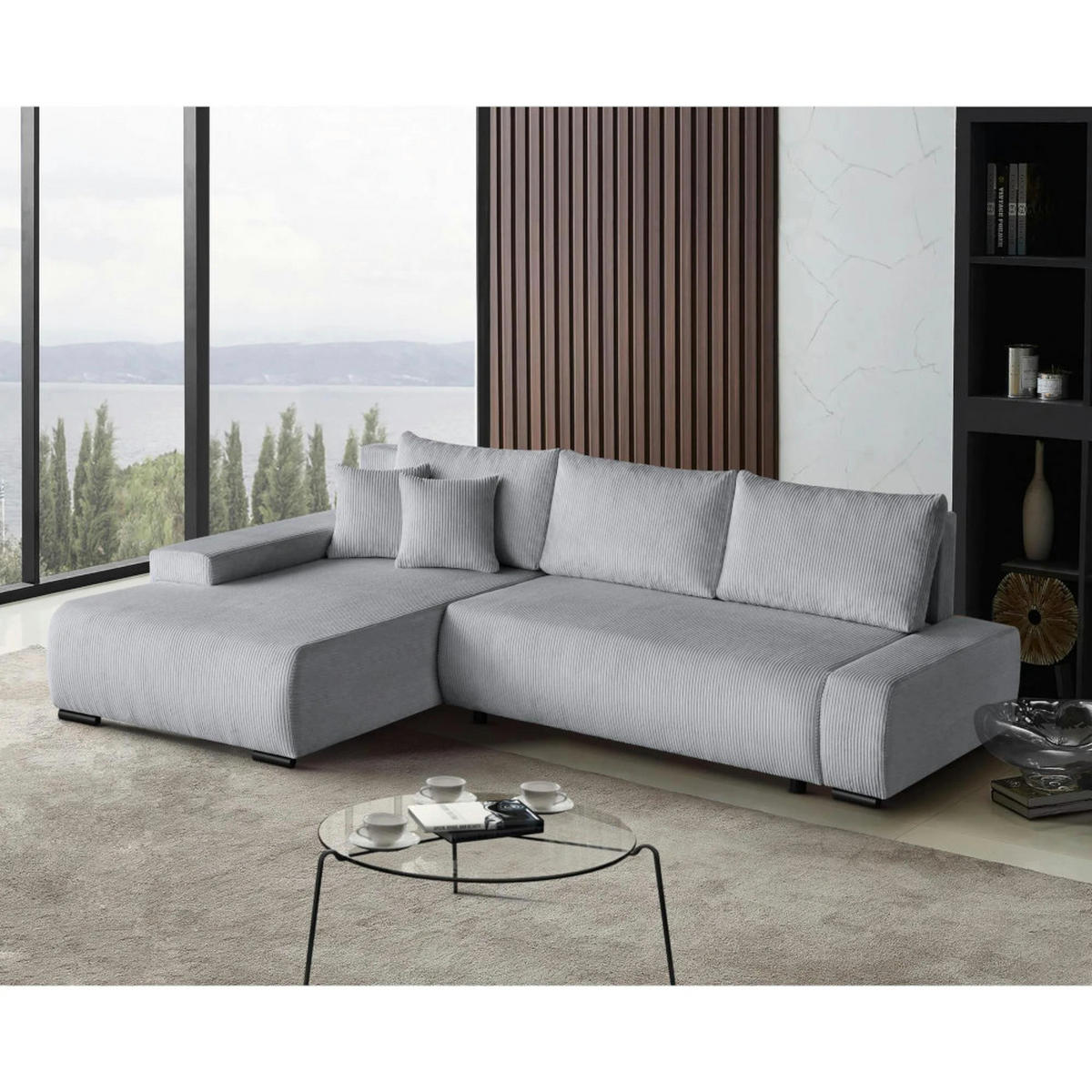 ECKSCHLAFSOFA Draco L Hellgrau - Hellgrau/Schwarz, Textil/Metall (267/186cm) - Beautysofa