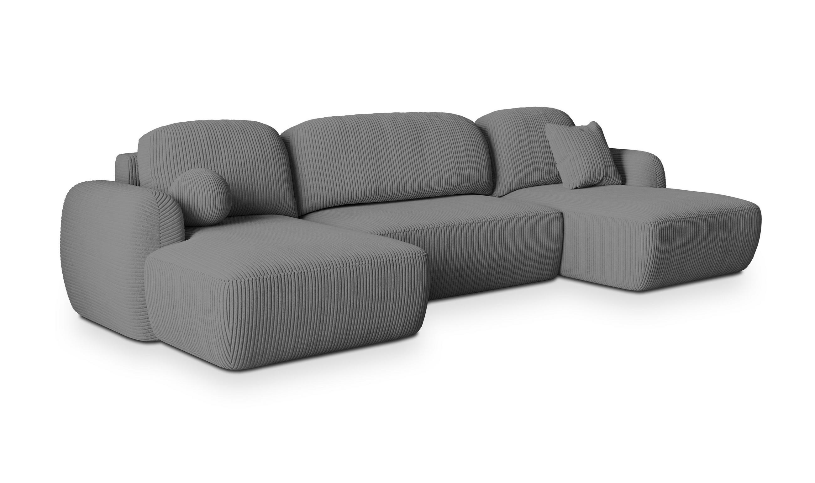 WOHNLANDSCHAFT SAVONA P Grau Kordstoff mit Schlaffunktion - Grau, Holz (350/90/148cm) - MASSENO