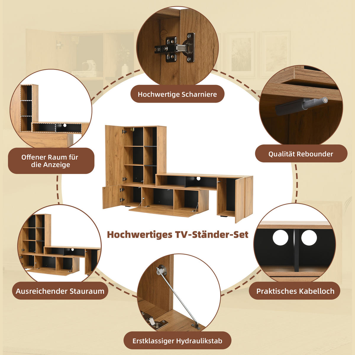 WOHNWAND Vitrine TV Board Regal Holz Schwarz 265cm - Eichefarben, Holzwerkstoff (174/53.5/35cm) - FLIEKS