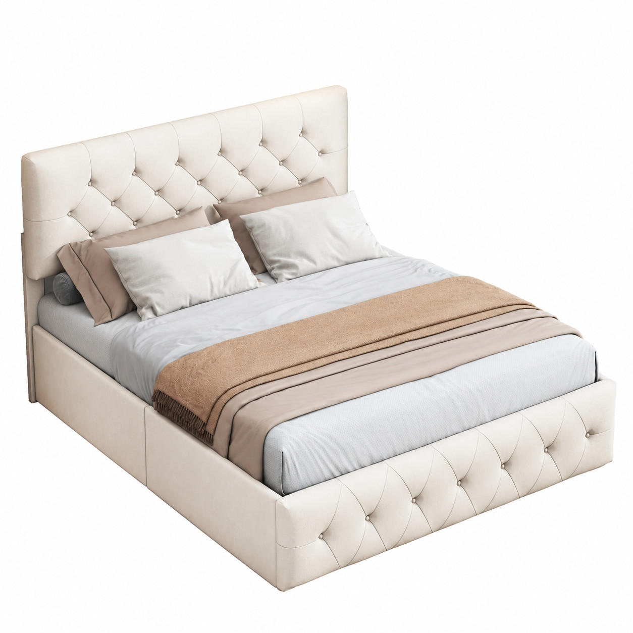 POLSTERBETT 160/200 cm Beige, Stauraumbett mit Bettkasten und Lattenrost, Doppelbett mit gepolstertem Kopfteil - Beige, Holz/Metall (160/200cm) - Joyfair