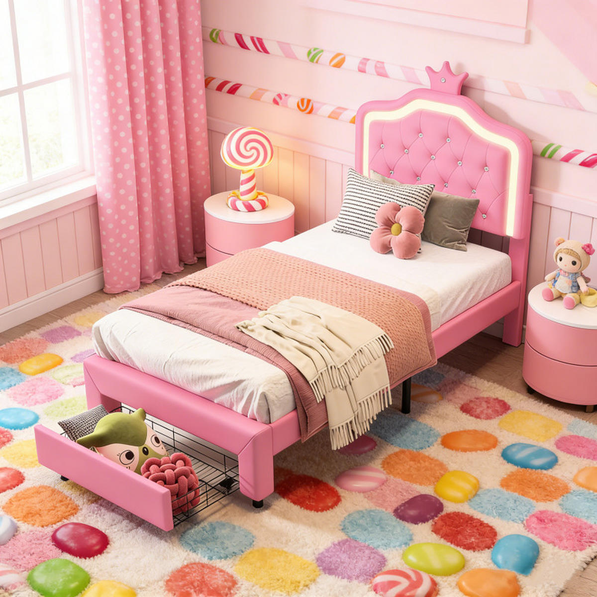 POLSTERBETT Princess Crown 90x200 cm mit höhenverstellbarem Kopfteil, PU, Lattenrost & LED-Beleuchtung, Rosa - Pink, Leder/Holz (90/200cm) - BursDany