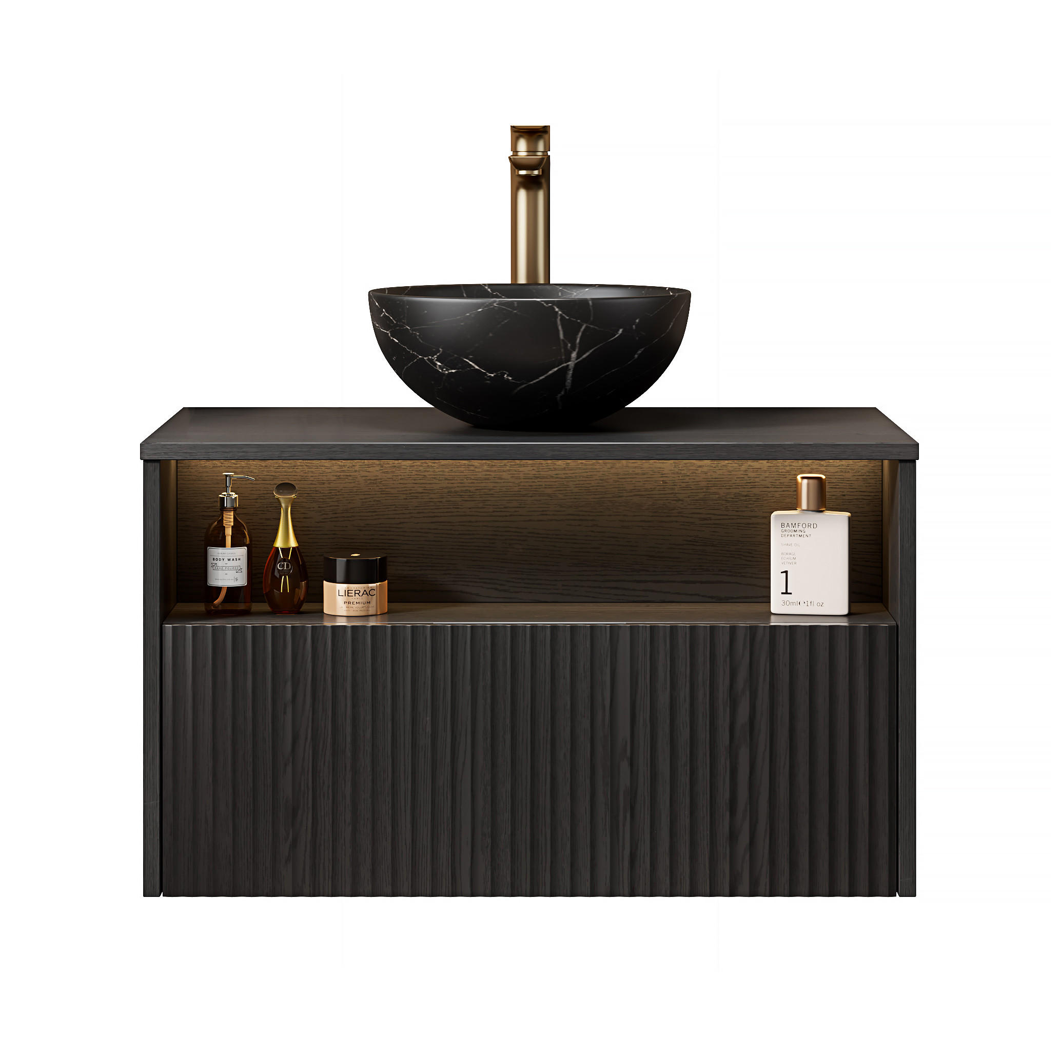 WASCHTISCHKOMBI 80x46x60.8cm in Schwarz mit Sensor-LED, Soft-Close & Massivholzfront - Schwarz, Keramik (80/60.8/46cm) - Modfu