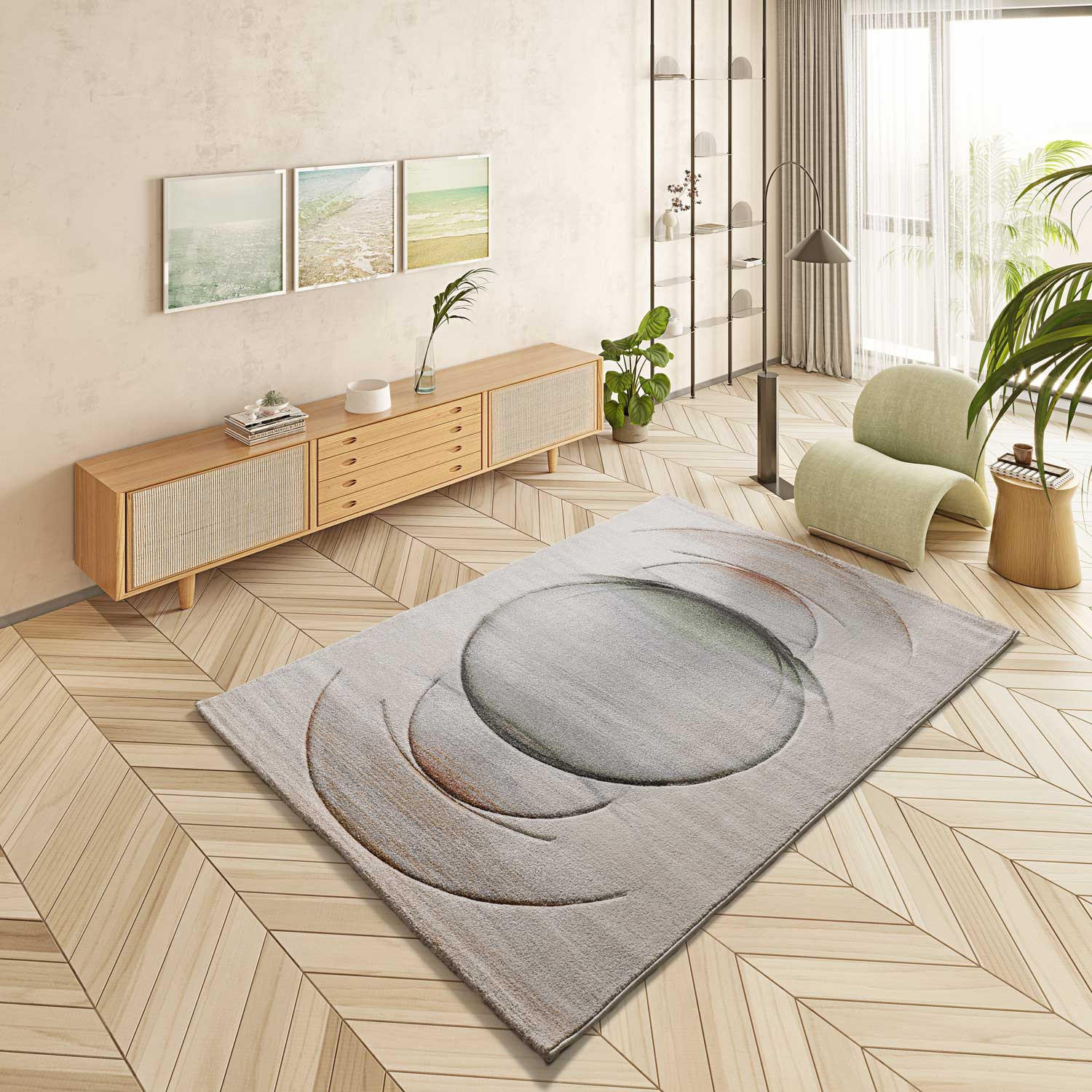 Thumbnail - Atticgo Webteppich, Beige, Grün, Textil, Grafikmuster, Rechteckig, 140x200 cm, Oeko-Tex® Standard 100, antistatisch, für...